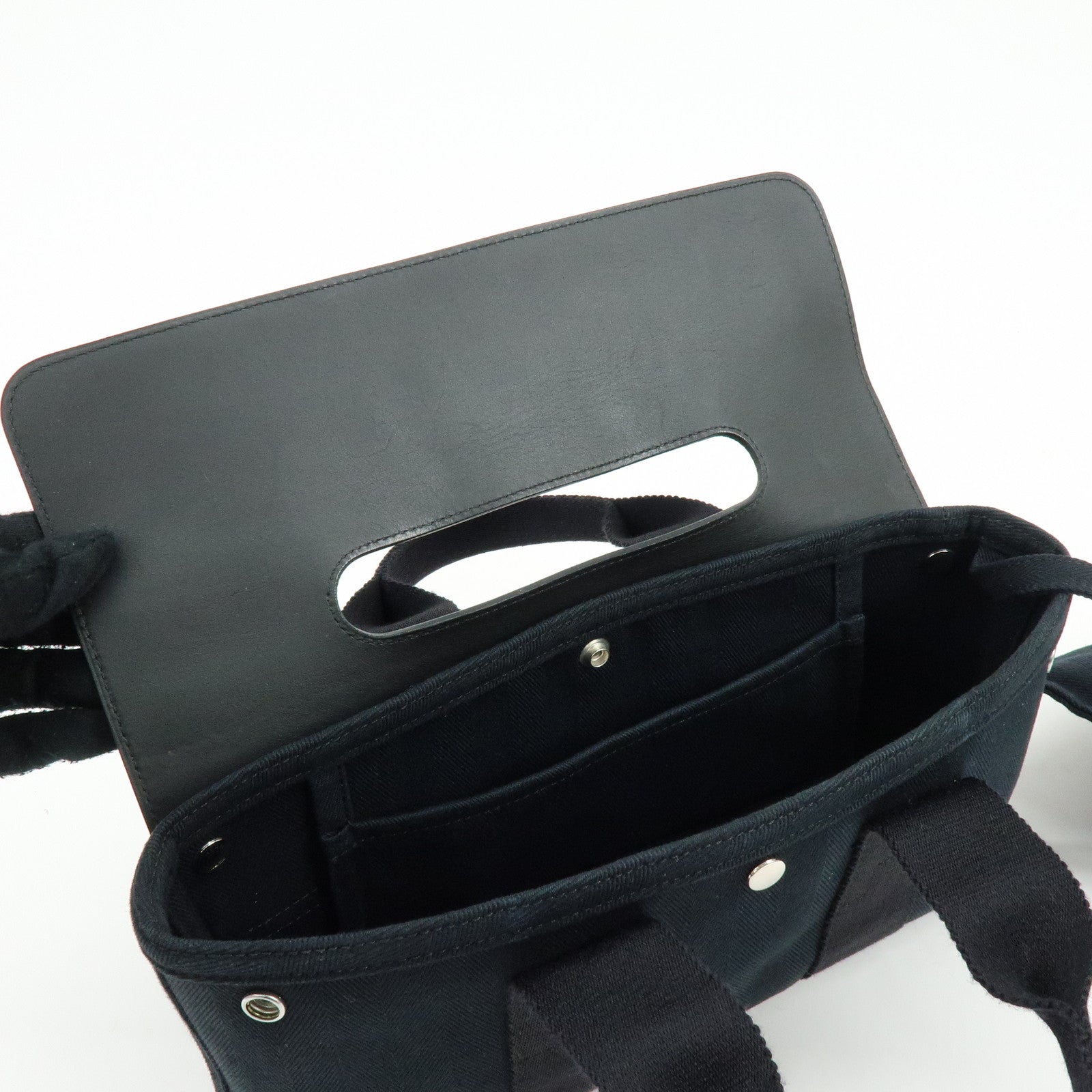 HERMES Valparaiso Long PM Toile Chevron Leather Hand Bag Black