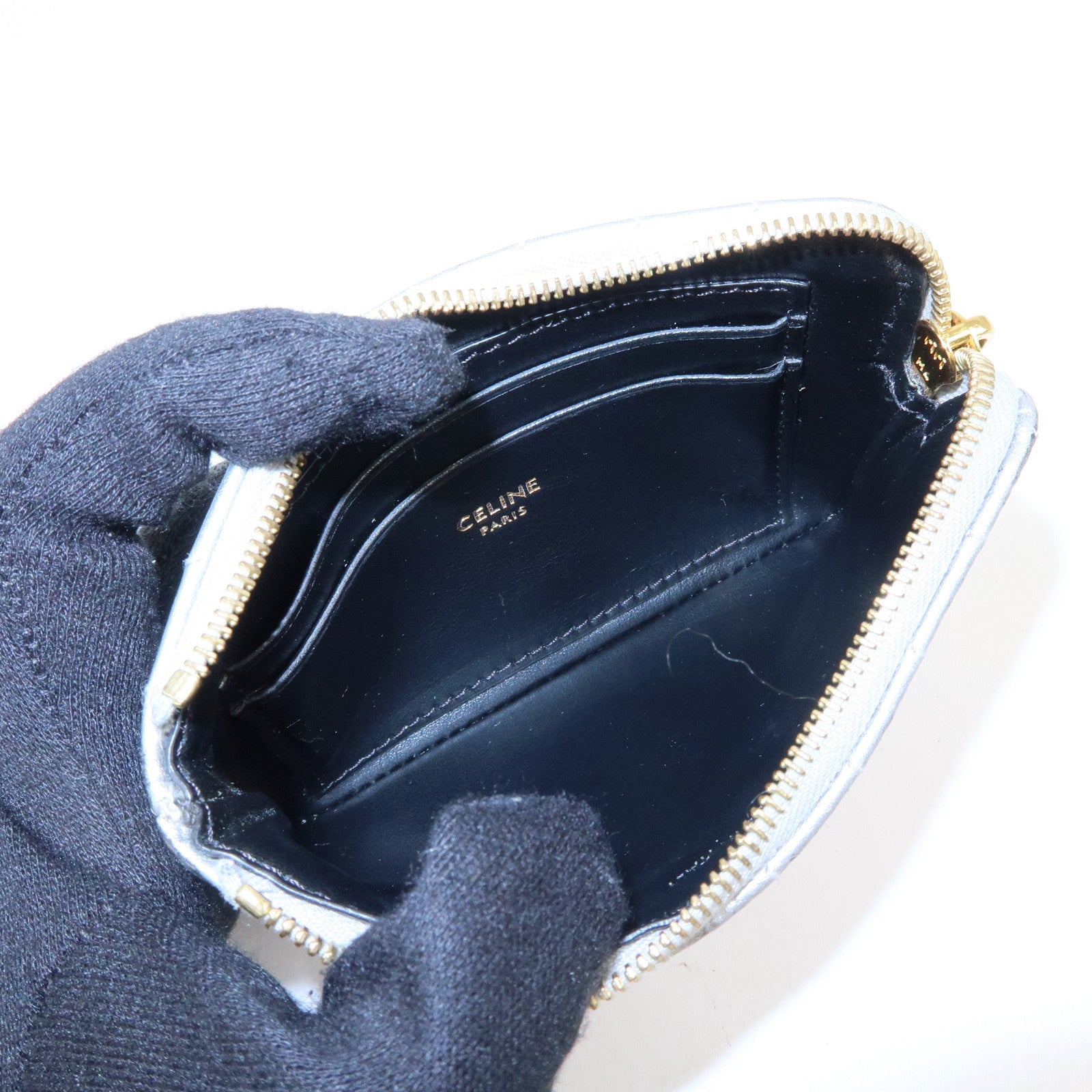 CELINE Leather C Charm Coin Case Coin Purse Metallic Silver