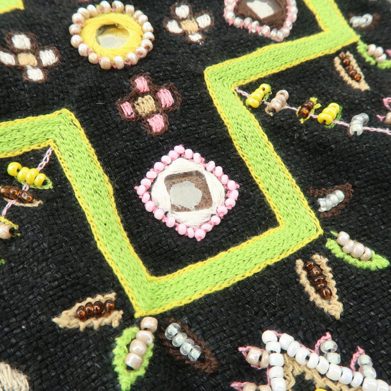 FENDI Canvas Leather Beaded Embroidery Tote Bag Hand Bag Black Used