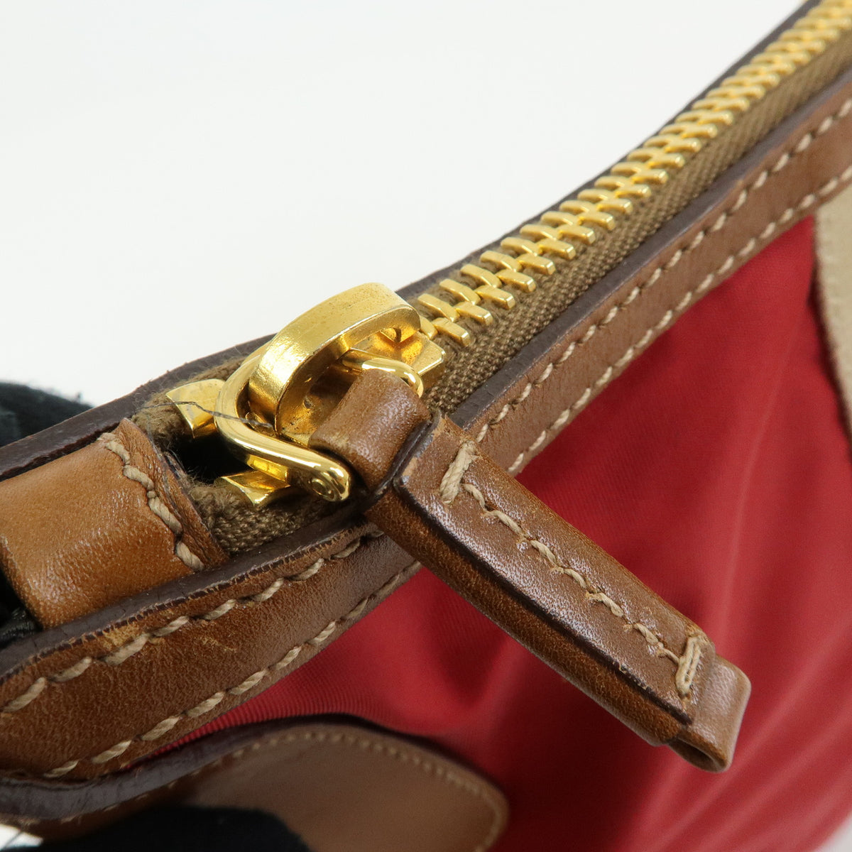PRADA Triangle Logo Nylon Leather Shoulder Bag Red Beige Brown