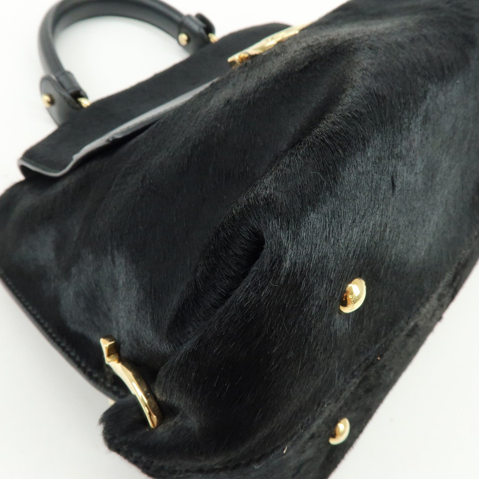 Ferragamo Gancini Unborn Calf Leather 2Way Bag Top Handle Bag Black