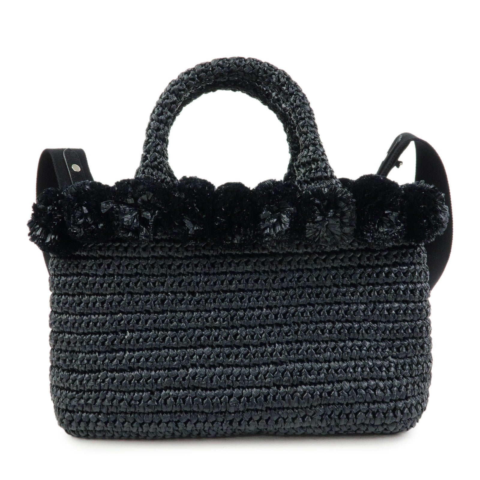 PRADA Triangle Logo Canapa Raffia Pon Pon 2Way Shoulder Tote Bag Black