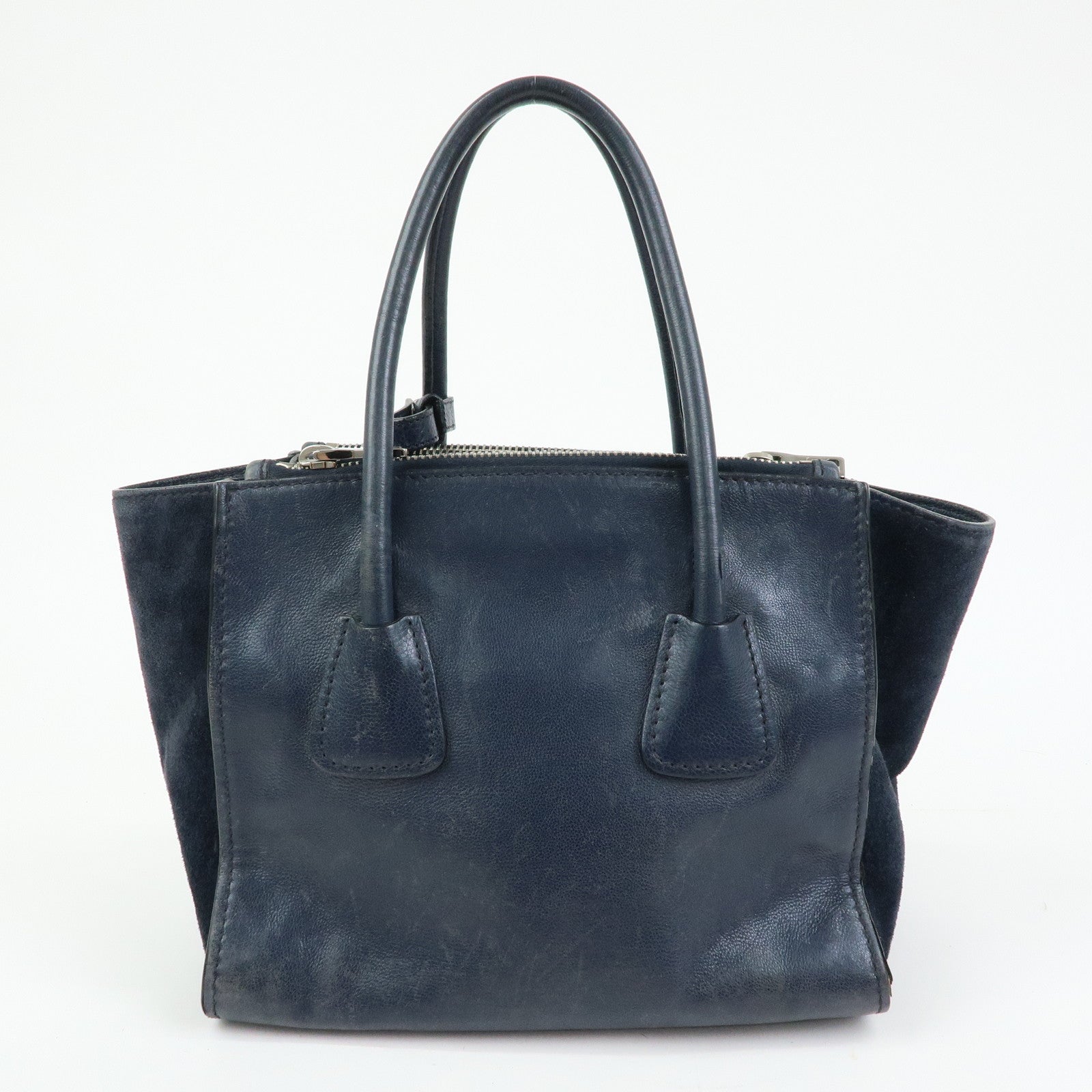 PRADA Triangle Logo Leather 2Way Bag Tote Bag Hand Bag Navy B2625M