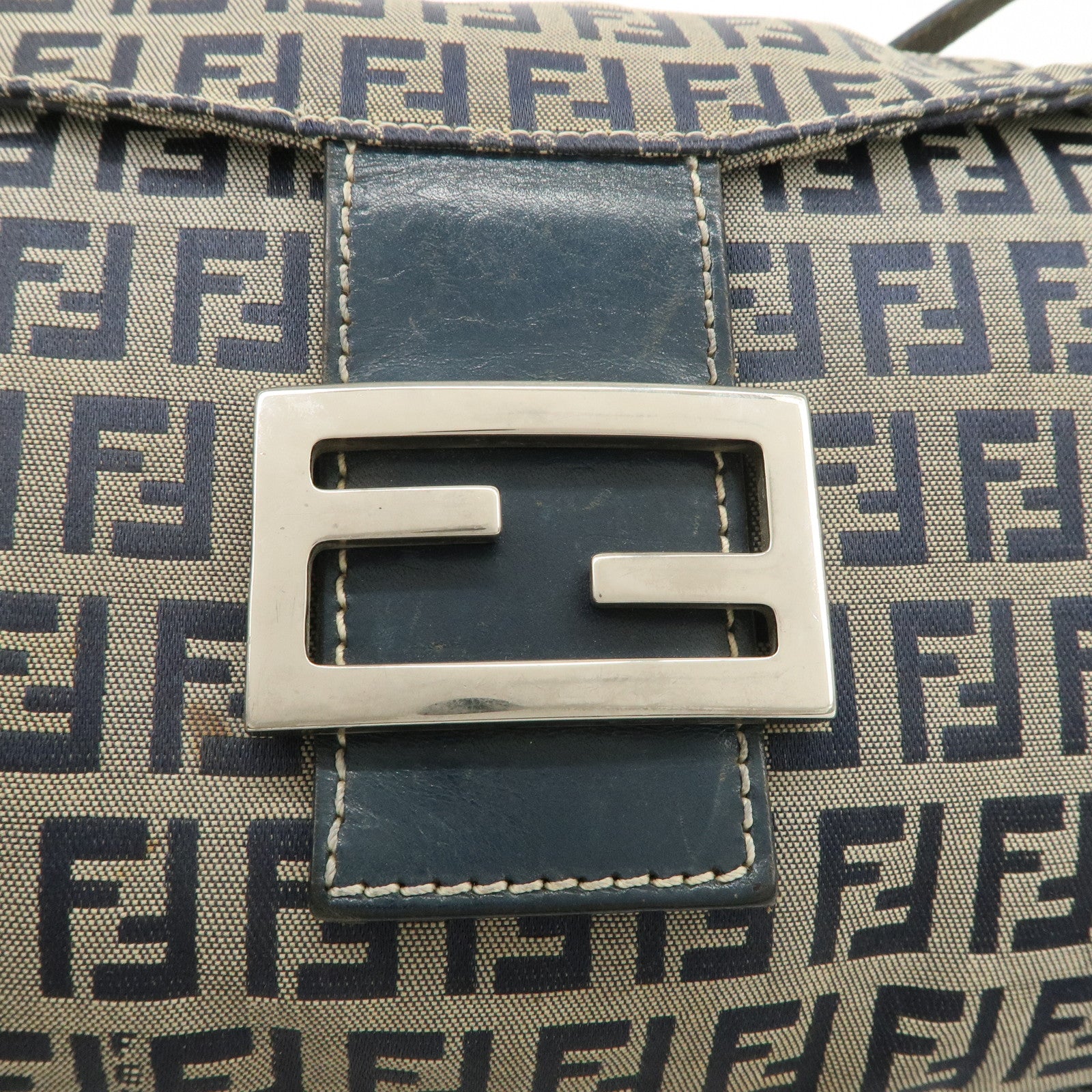 FENDI Zucchino Canvas Leather Shoulder Bag Hand Bag Grey Navy 26796 Used