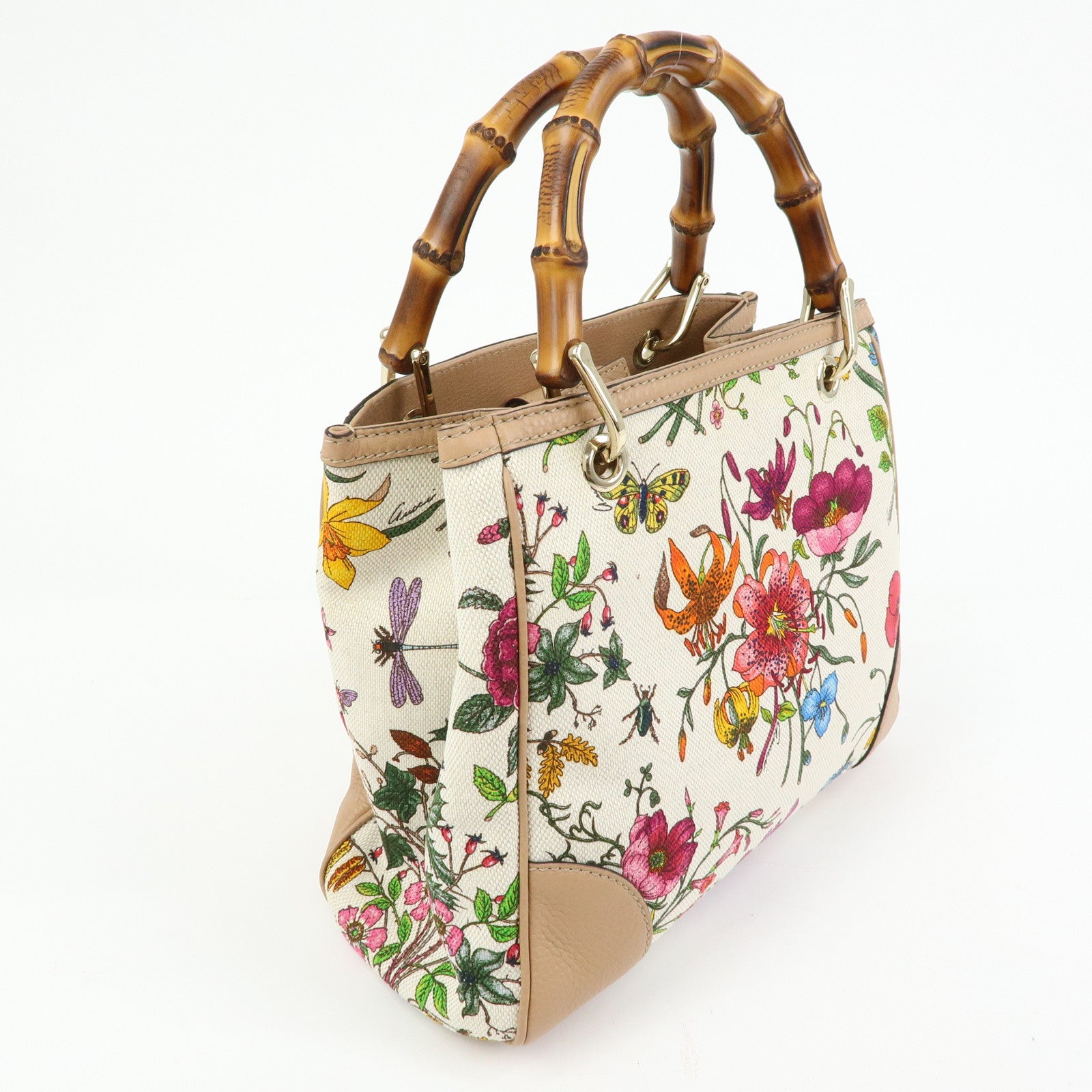 GUCCI Bamboo Flora Canvas Leather 2Way Bag Japan Limited Ivory 336032