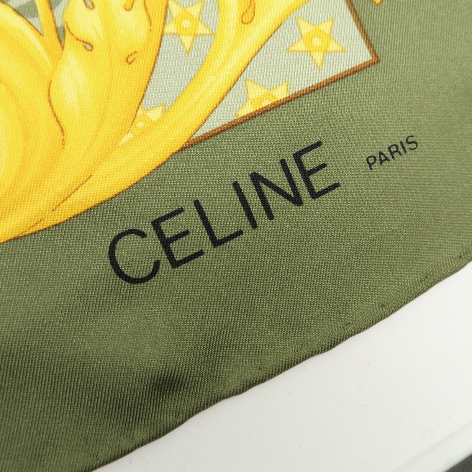CELINE Silk100% Tiger Print Baroque Motif Scarf Shawl Green Yellow