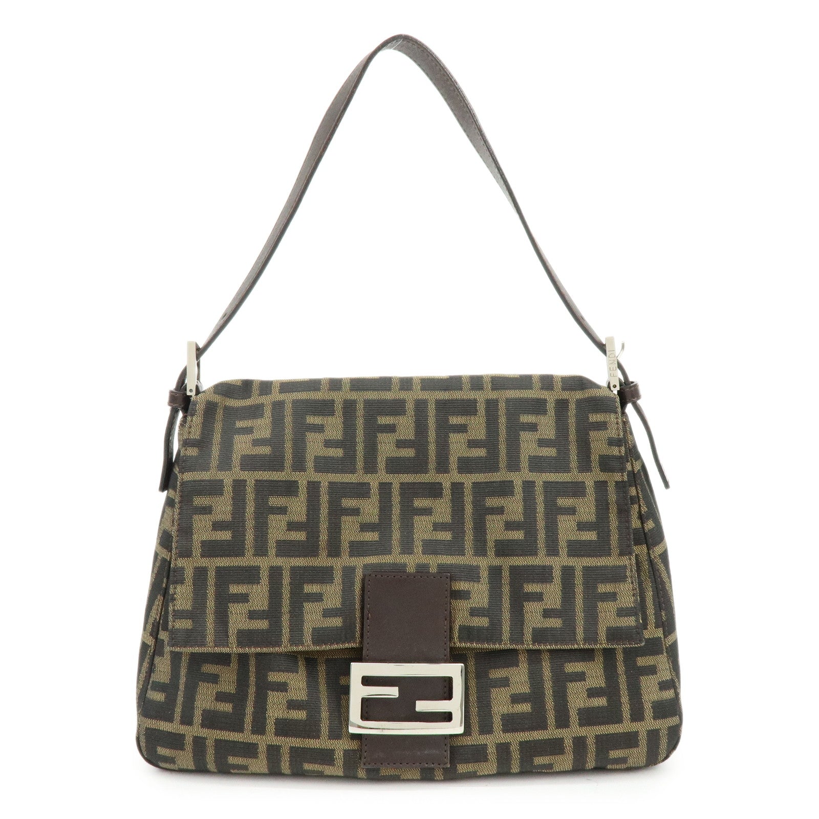 FENDI Mamma Baguette Jacquard Canvas Leather Shoulder Bag Brown 26325