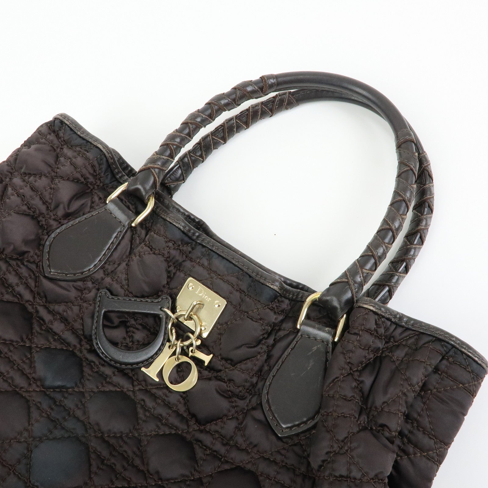 Christian Dior Lady Dior Cannage Nylon Leather Hand Bag Tote Bag Brown