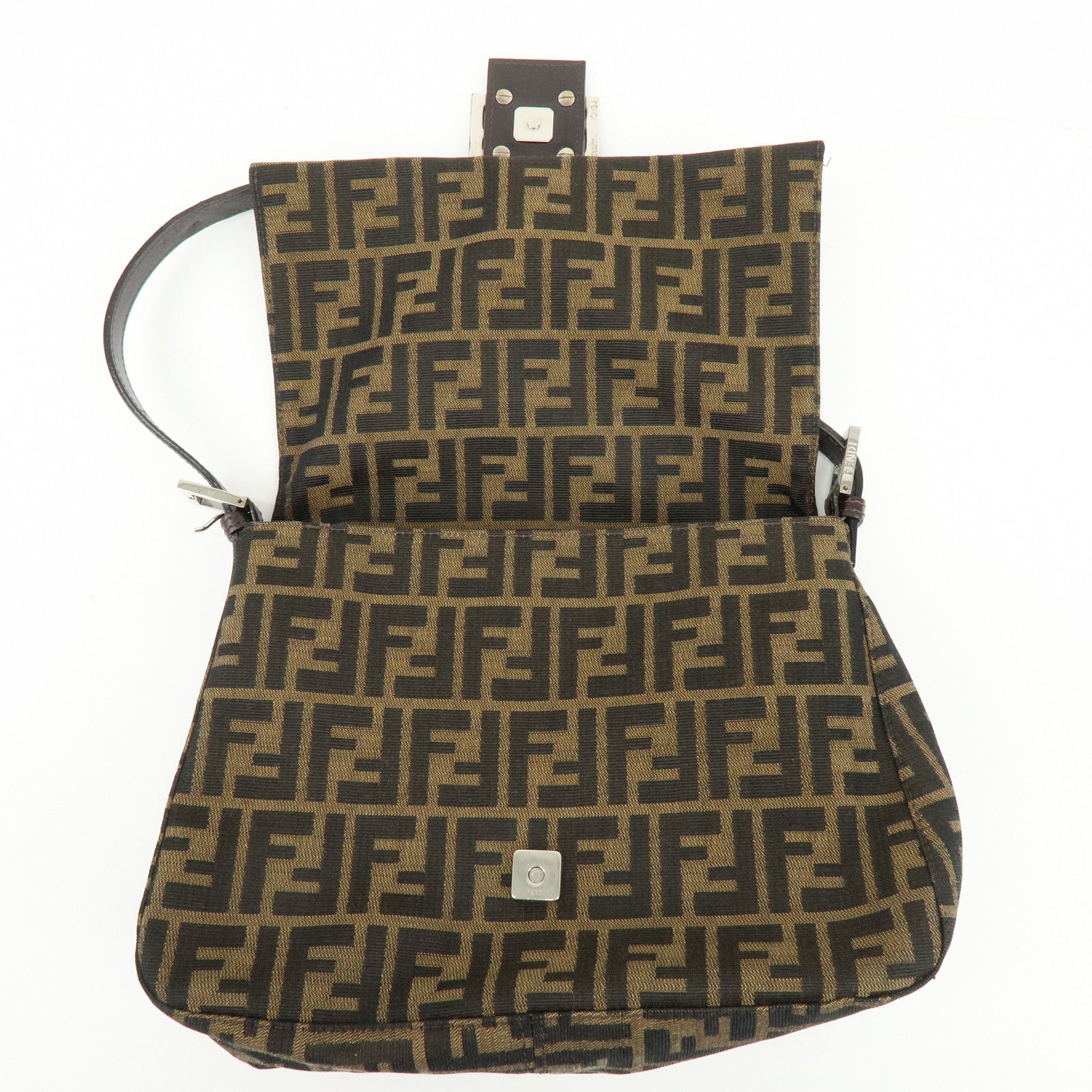FENDI Mamma Baguette Zucca Canvas Leather Shoulder Bag Brown 26325
