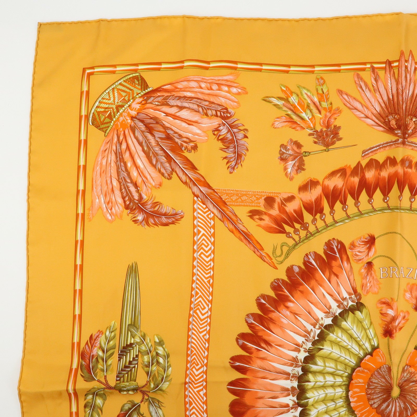 HERMES Carre 90 Silk 100% Scarf BRAZIL Orange Khaki