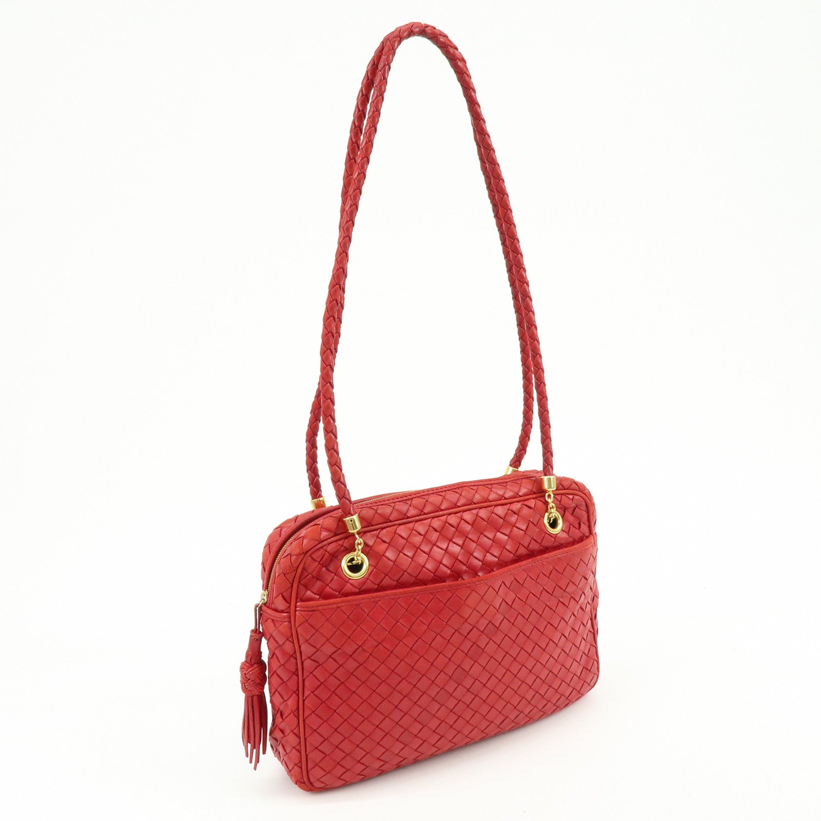 BOTTEGA VENETA Intrecciato Leather Shoulder Bag Tassel Red