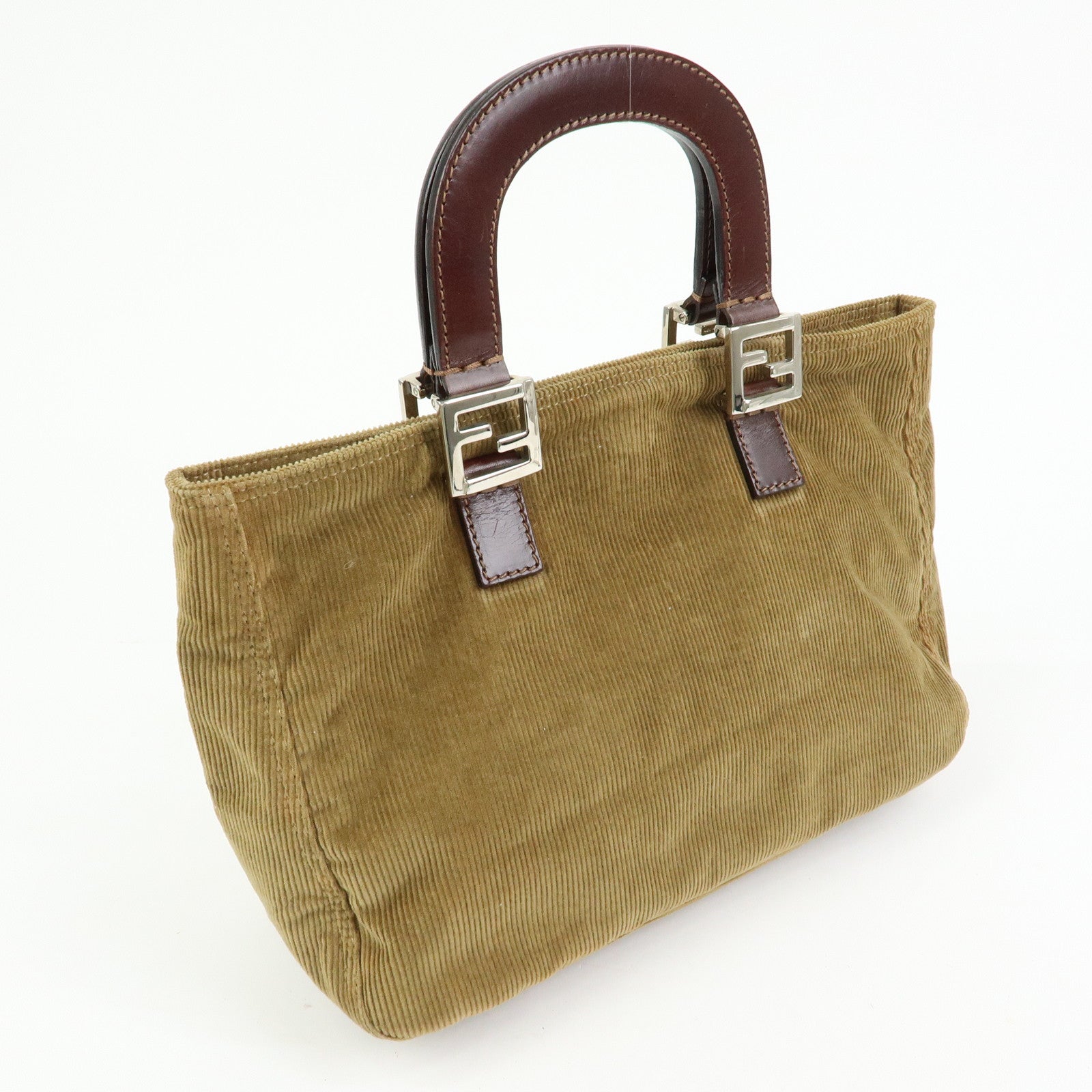 FENDI Corduroy Leather Hand Bag Mini Tote Bag Khaki 26693