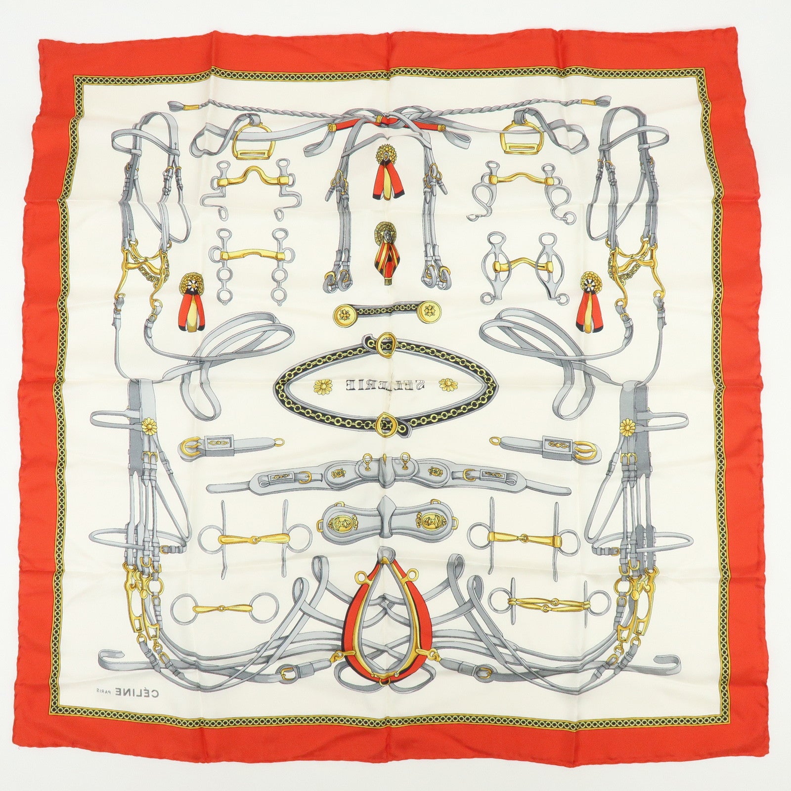 CELINE Set of 4 Silk Cotton Scarf Shawl Tassel Motif Beige Black Red