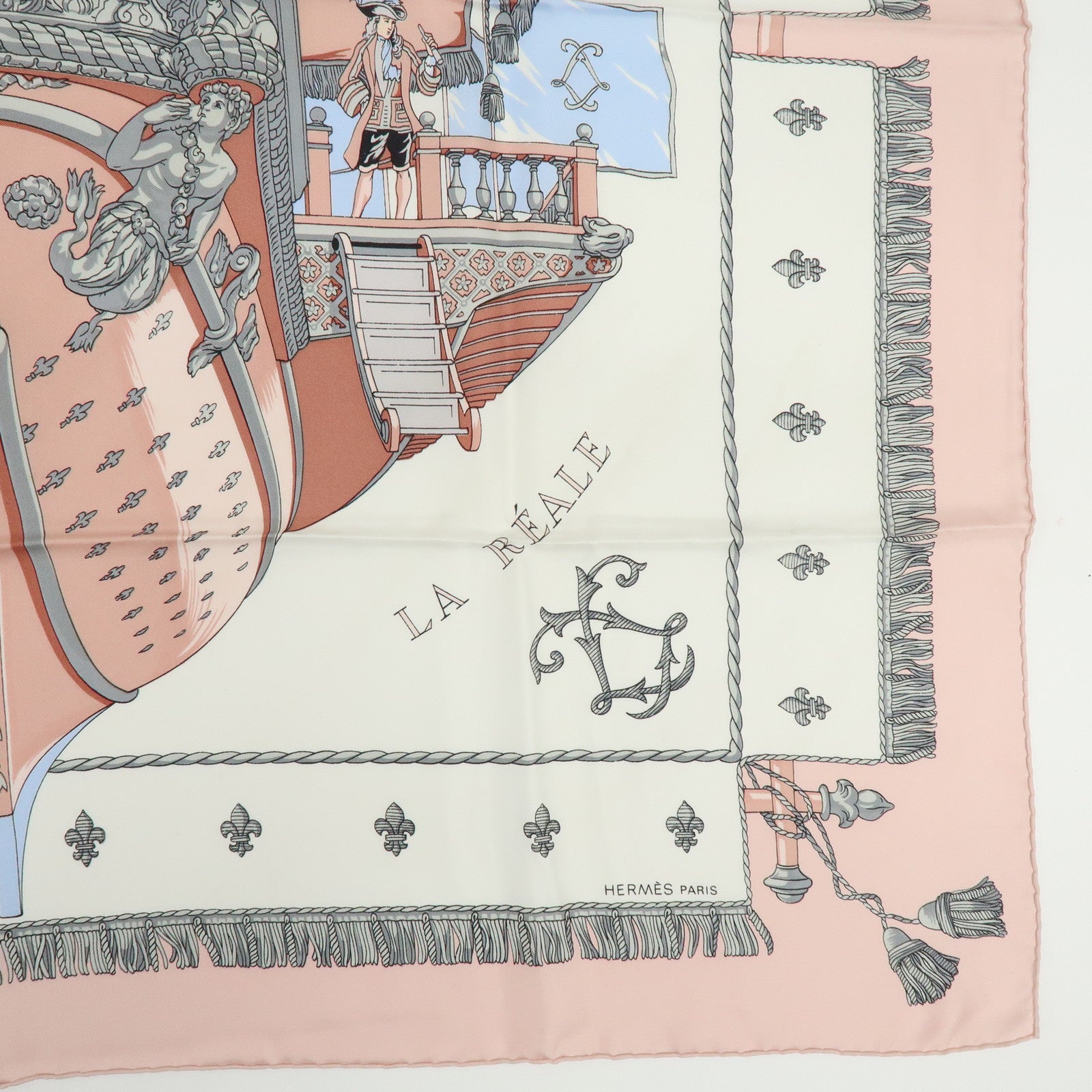 HERMES Carre 90 Silk 100% Scarf VUE DU CARROSSE DE LA GALERE Pink White