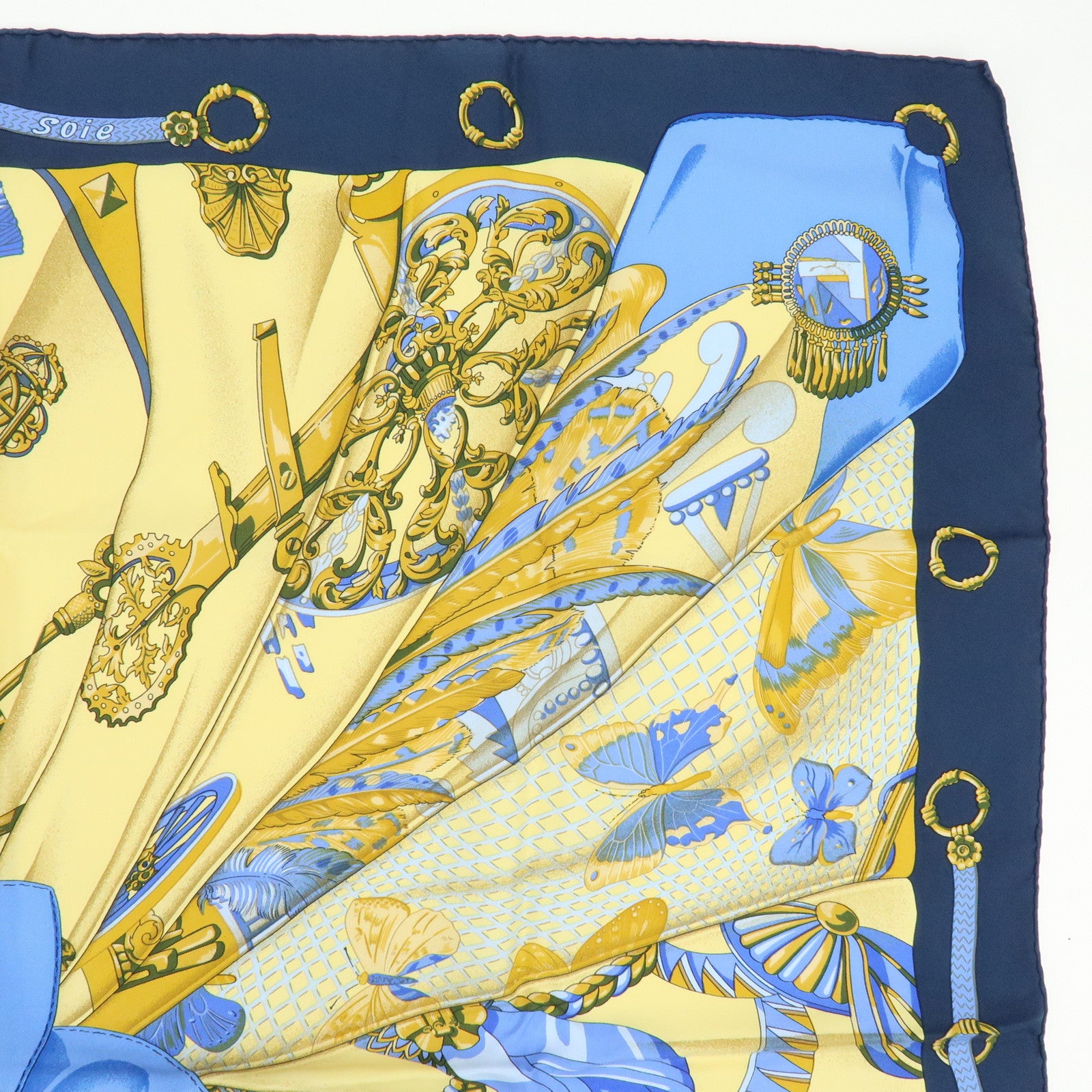 HERMES Carre 90 Silk 100% Scarf Soleil de Soie Blue Navy Yellow