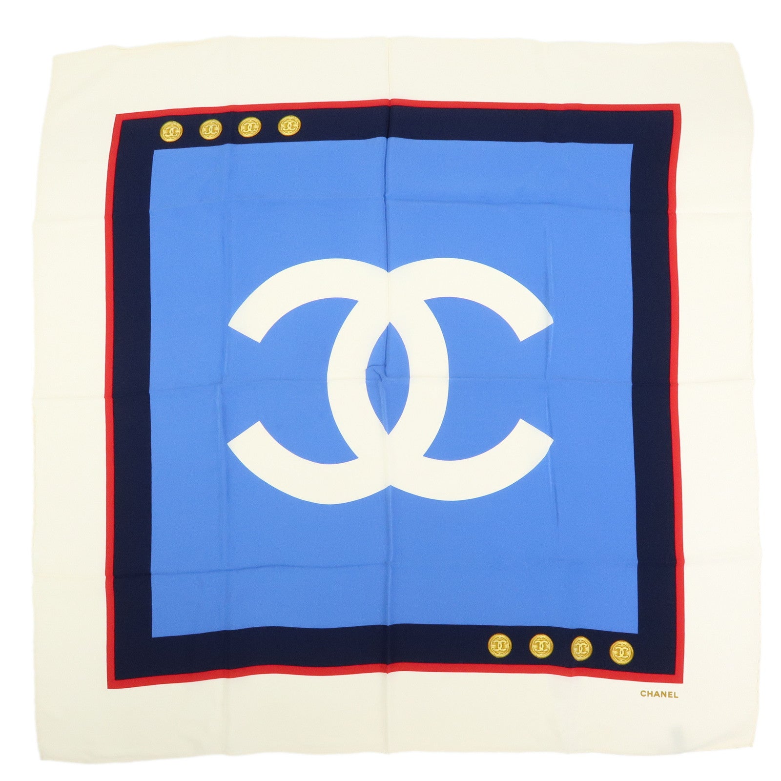 CHANEL COCO Mark Silk 100% Scarf Blue White Navy Red