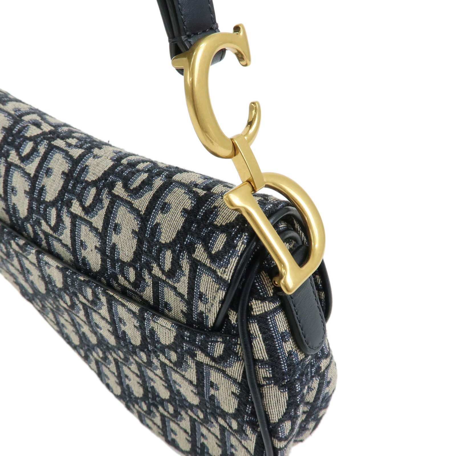 Christian Dior Saddle Bag Oblique Mini Jaquard Leather 2Way Bag Navy