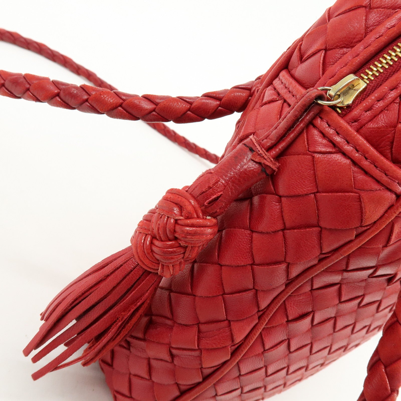 BOTTEGA VENETA Intrecciato Leather Shoulder Bag Tassel Red