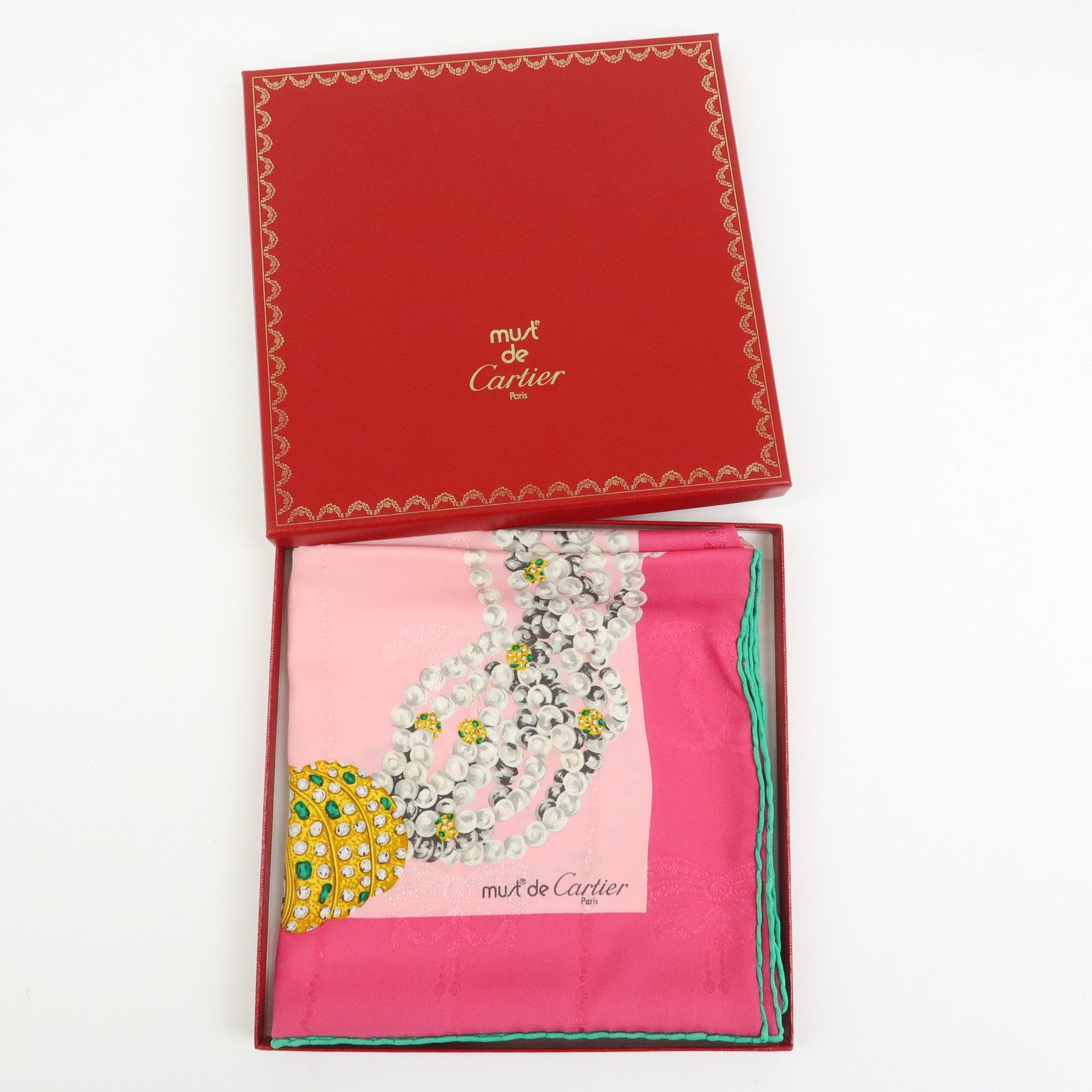 Cartier Silk 100% Scarf Jeweled Panther Motif Pink Green