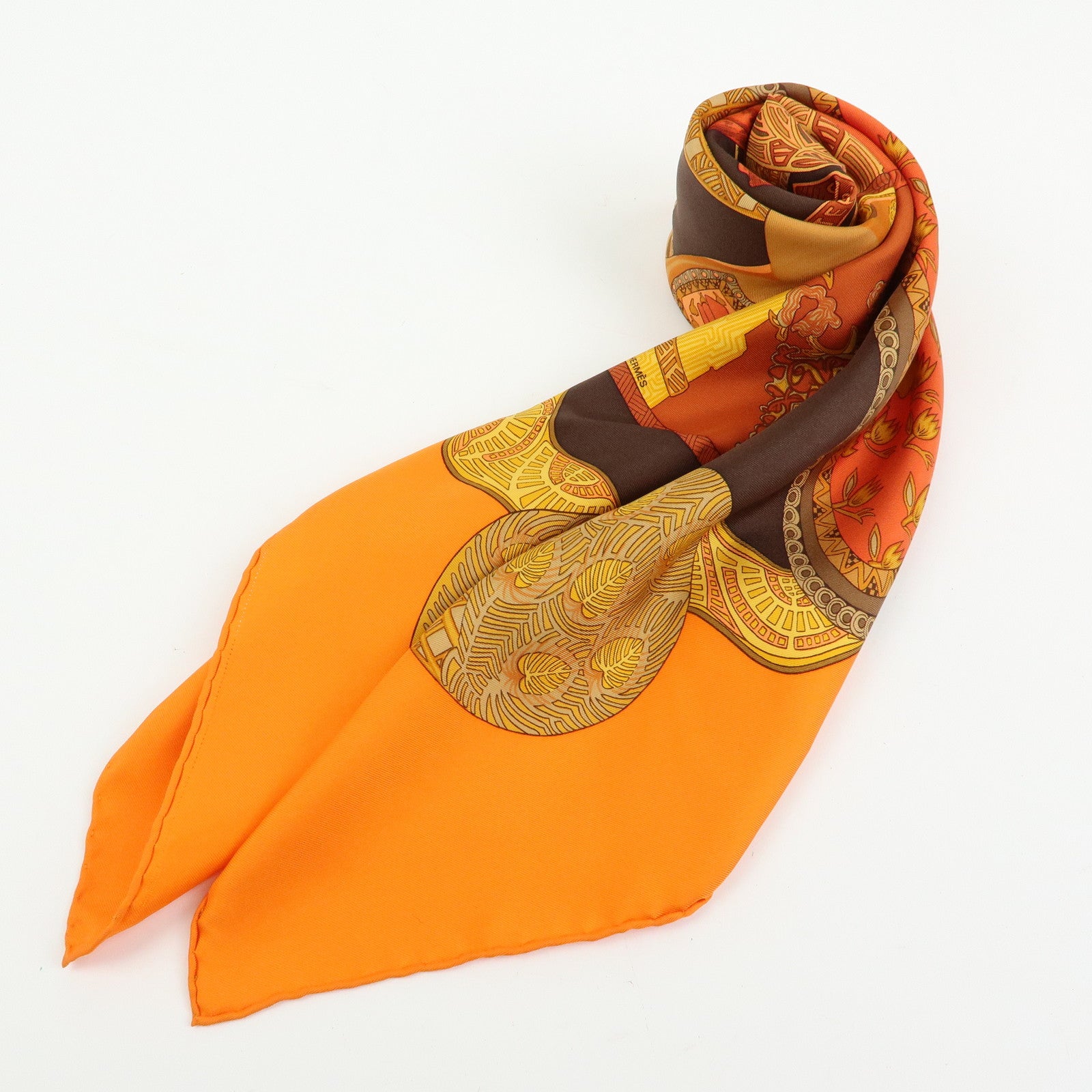 HERMES Carre 90 Silk 100% Scarf ART des STEPPES Horse Print Orange