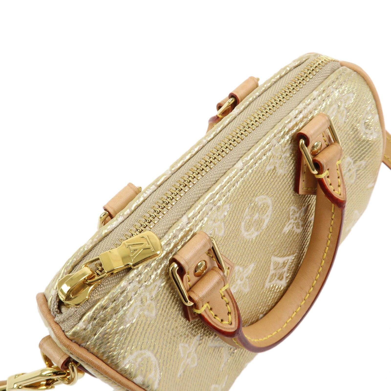 Louis Vuitton Monogram Jaquard Nano Speedy Hand Bag & Strap Gold M82242