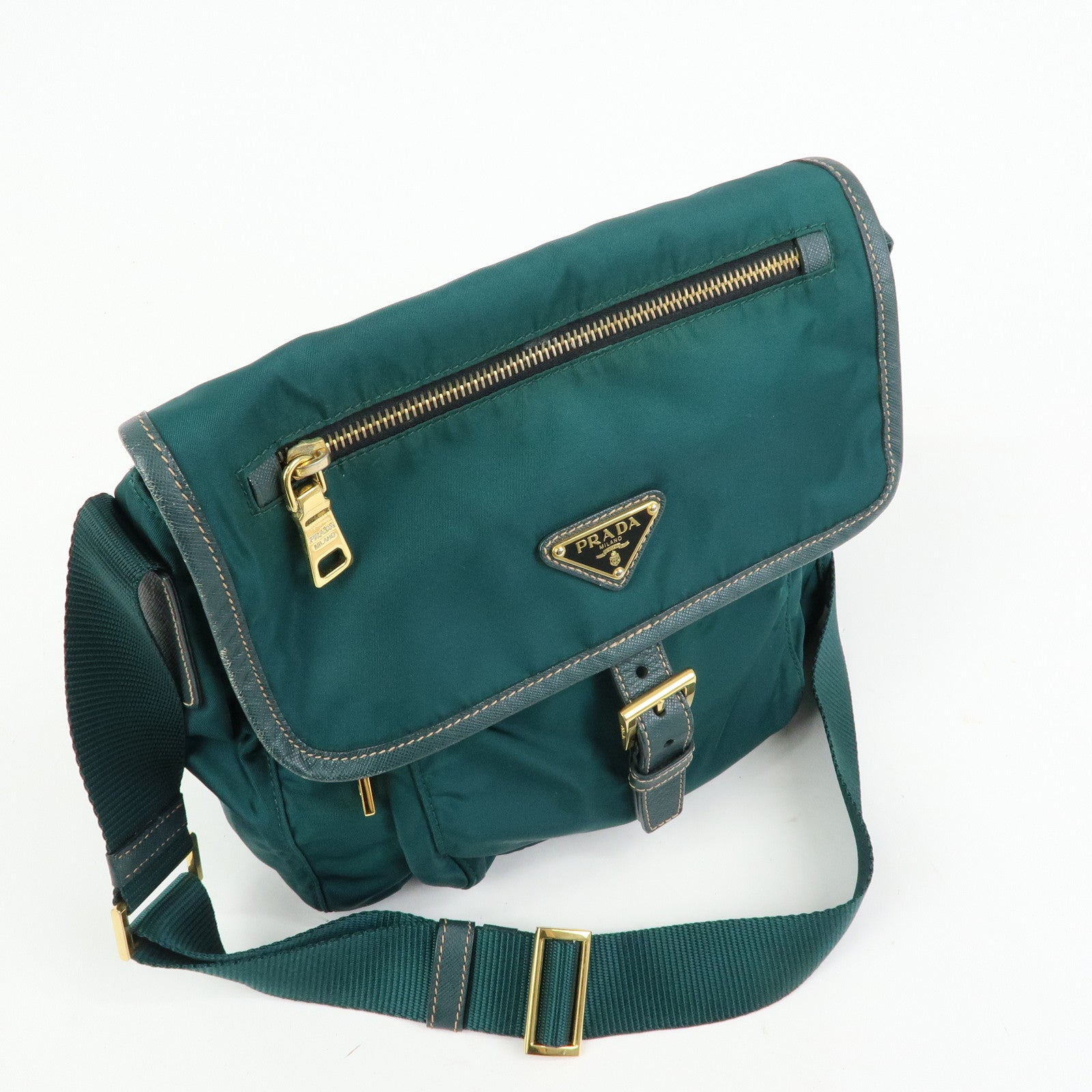 PRADA Triangle Logo Nylon Saffiano Leather Shoulder Bag Green
