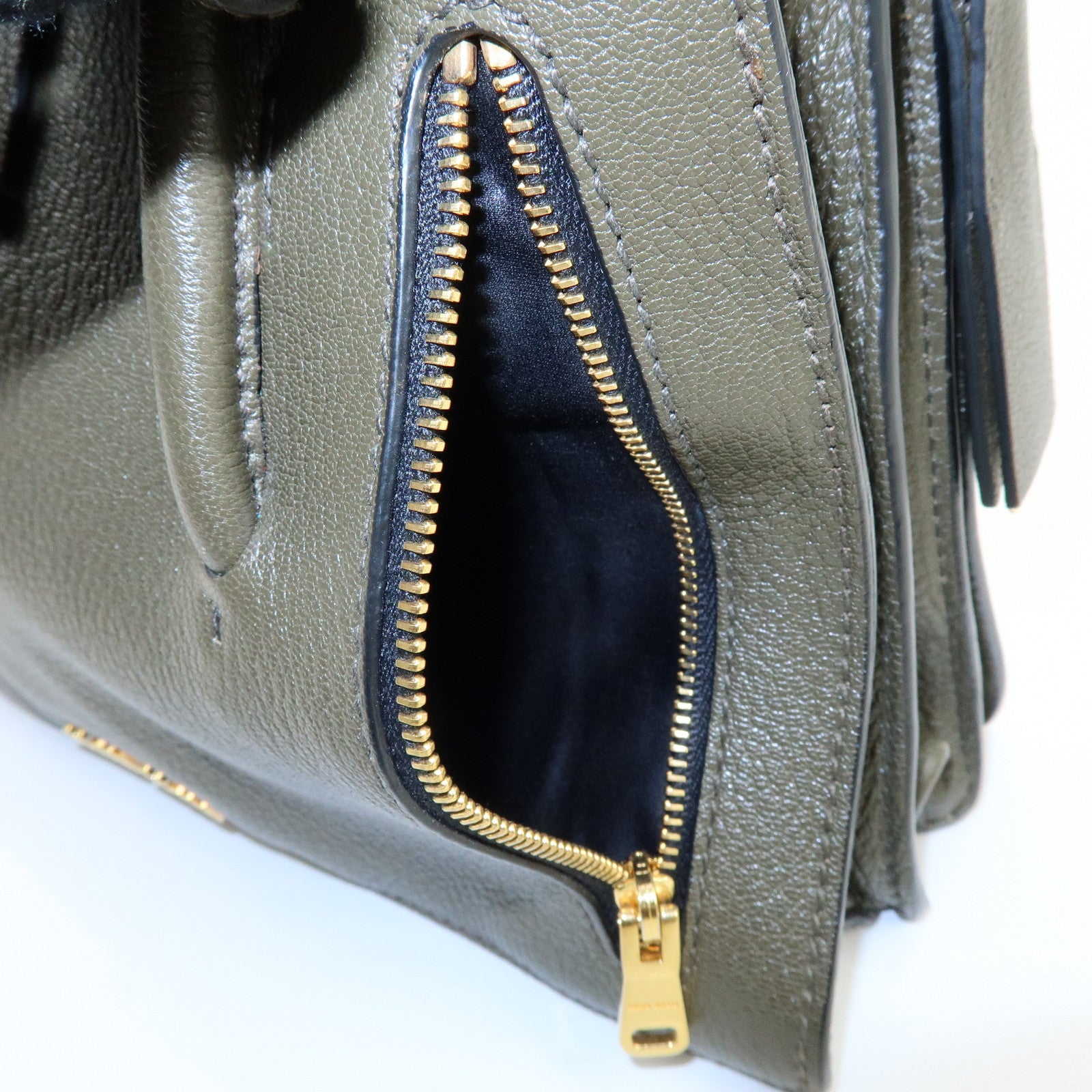 MIU MIU Madras Leather 2Way Bag Hand Bag Shoulder Bag Khaki 5BA104