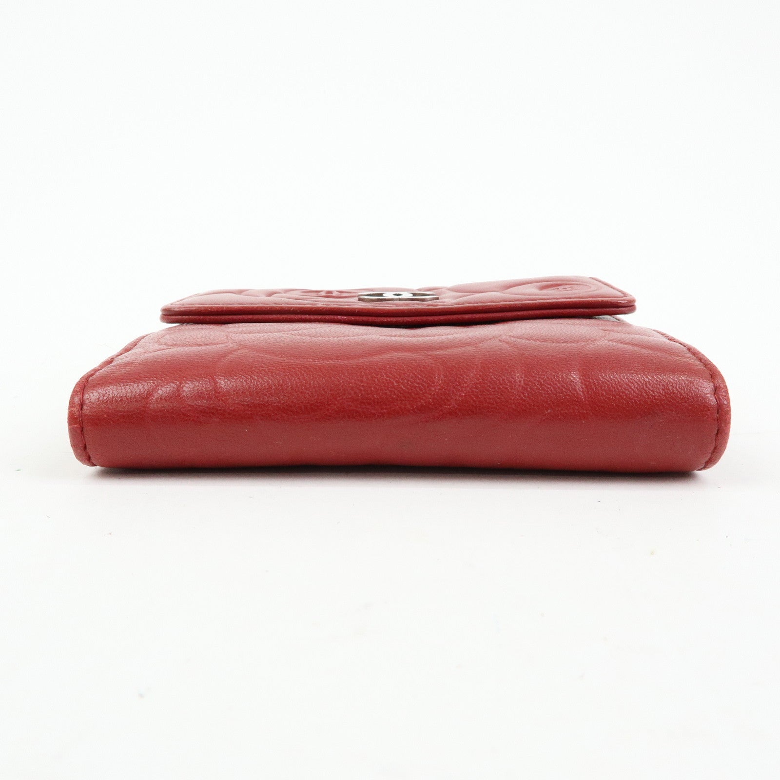 CHANEL Camellia COCO Mark Lamb Skin Bi-fold Compact Wallet Red A47422