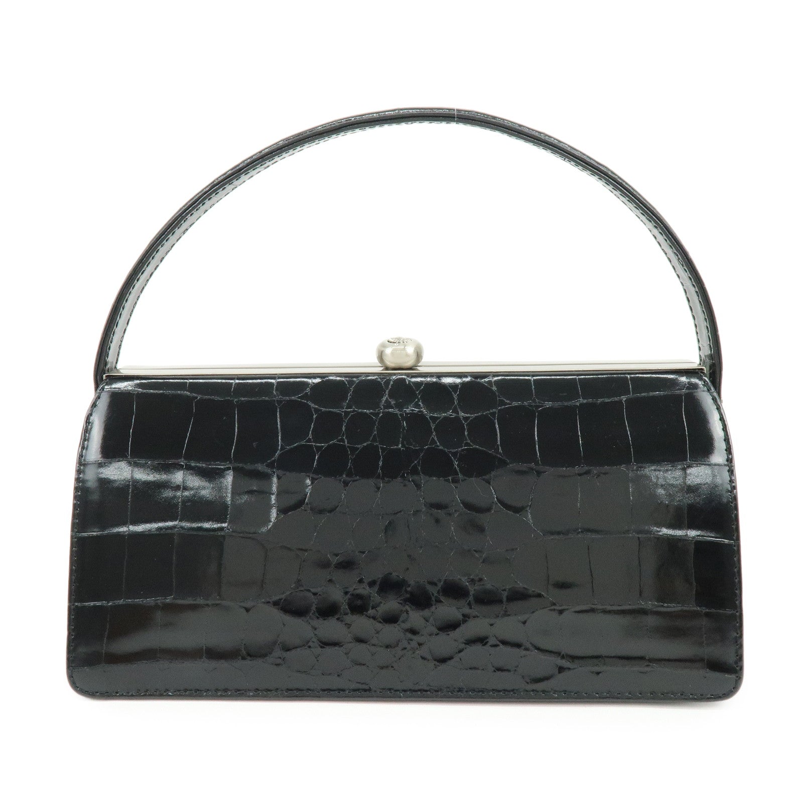 GIANNI VERSACE Embossed Leather Kiss Lock Top Handle Hand Bag Black