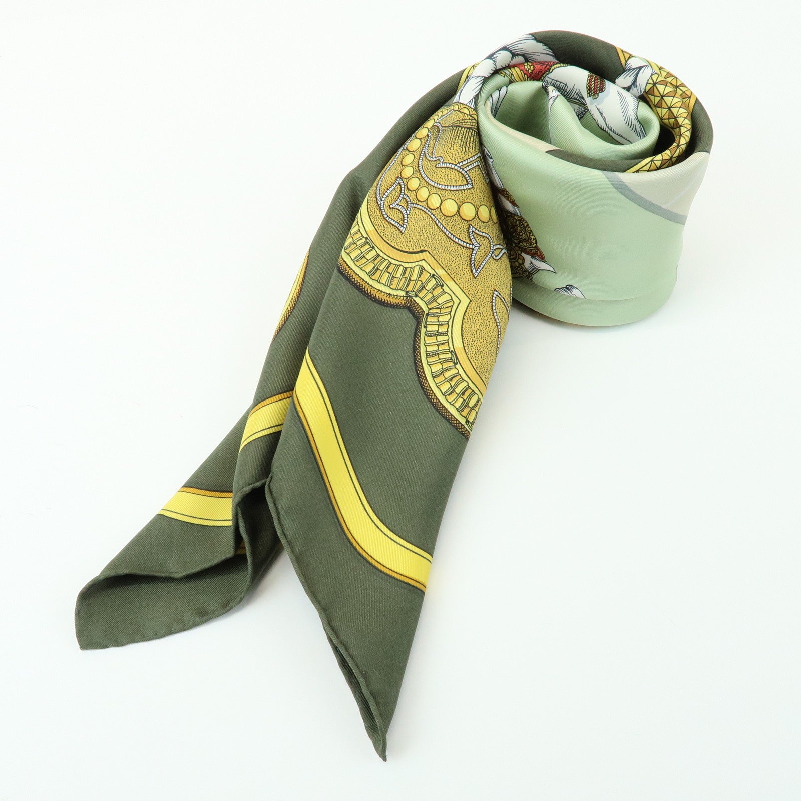 HERMES Carre 90 Silk 100% Scarf GRAND APPARAT Khaki Gold Green