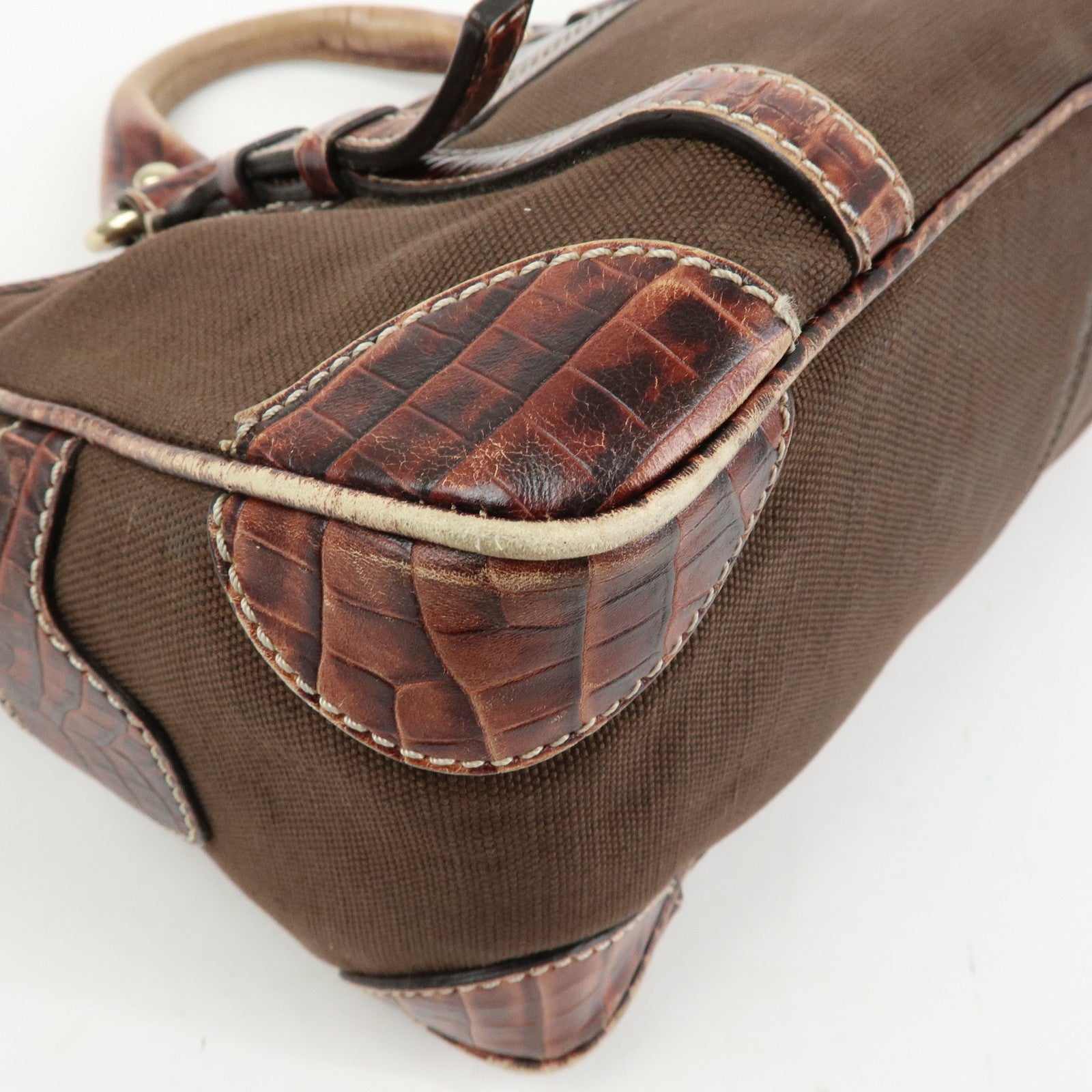 CELINE Boogie Bag Canvas Embossed Leather Hand Bag Tote Bag Brown