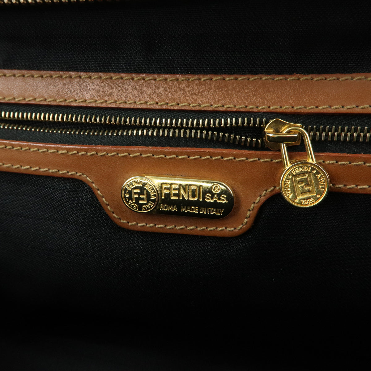 FENDI Pequin PVC Leather Boston Bag Hand Bag Brown Beige Black