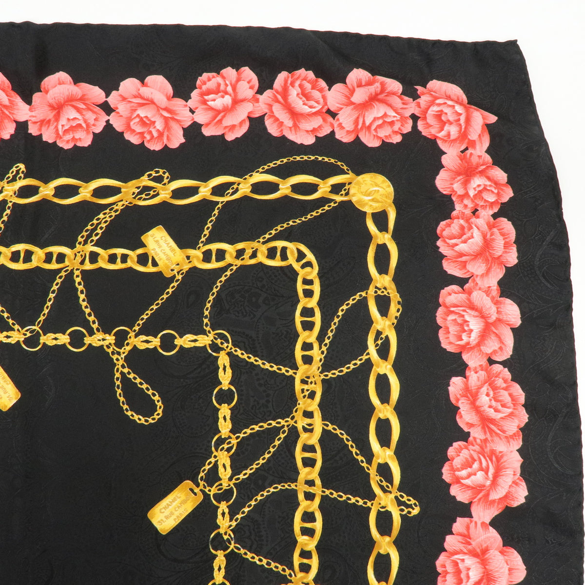 CHANEL Lot of 2 Silk 100% Scarf Flower Jewelry Motif Black Gold