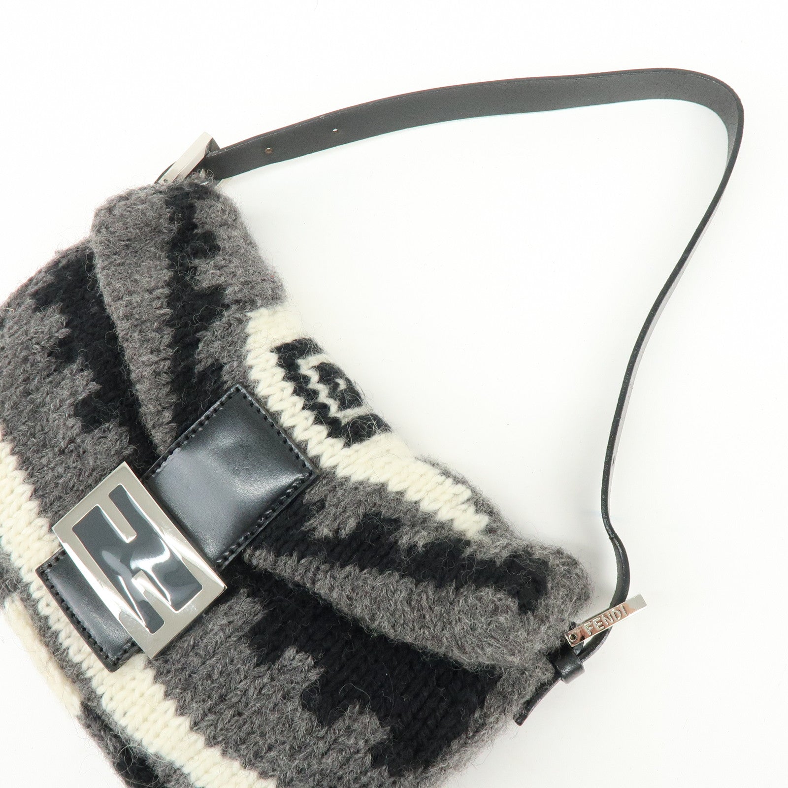 FENDI Mamma Baquette Wool Leather Shoulder Bag Black Grey White 16059