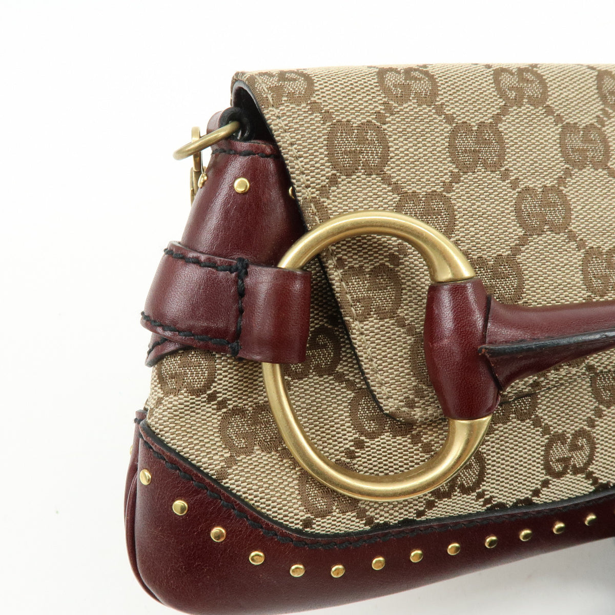 GUCCI Horsebit GG Canvas Leather Chain Hand Bag Brown Bordeaux 119186