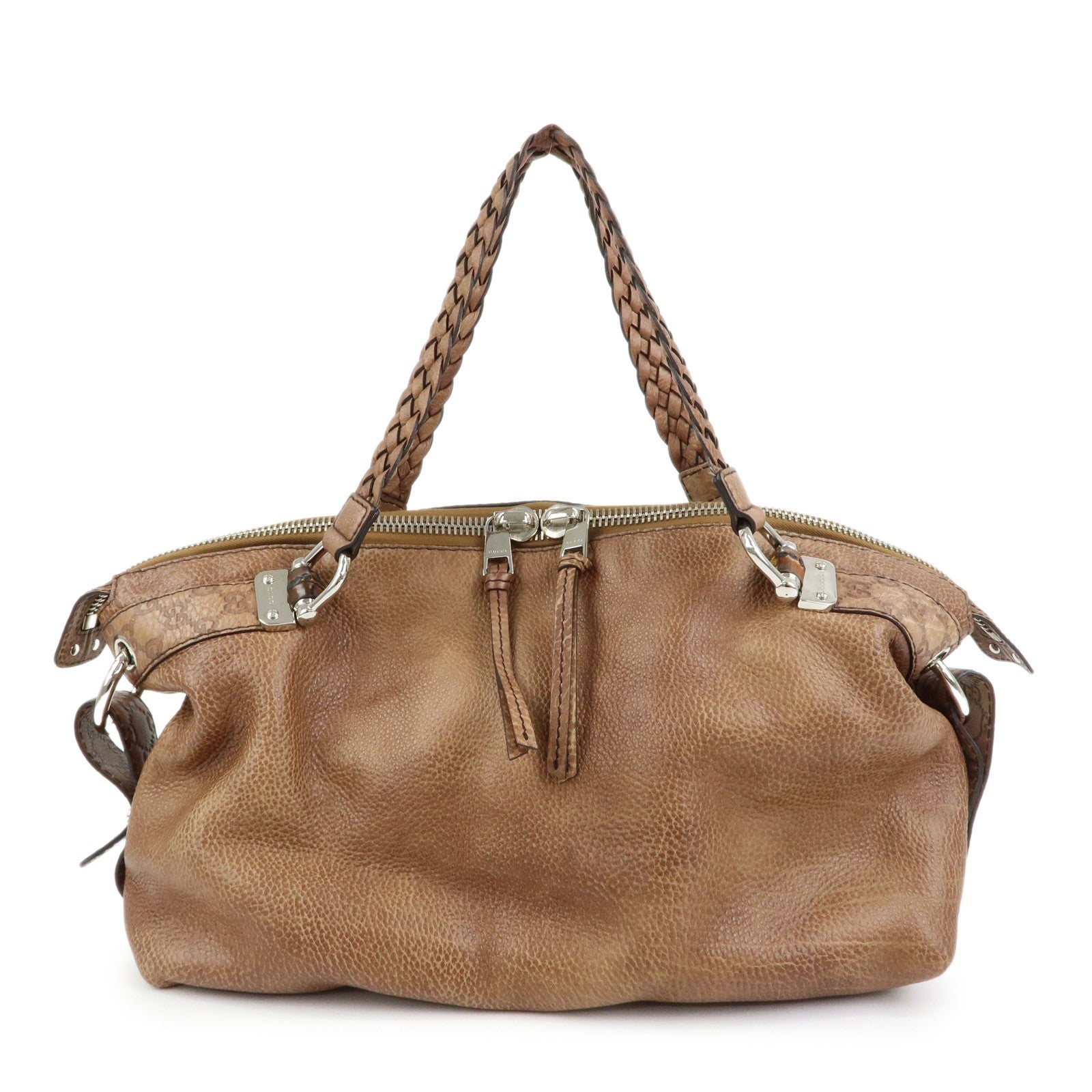 GUCCI Bamboo Embossed Leather Boston Bag Hand Bag Brown 232959