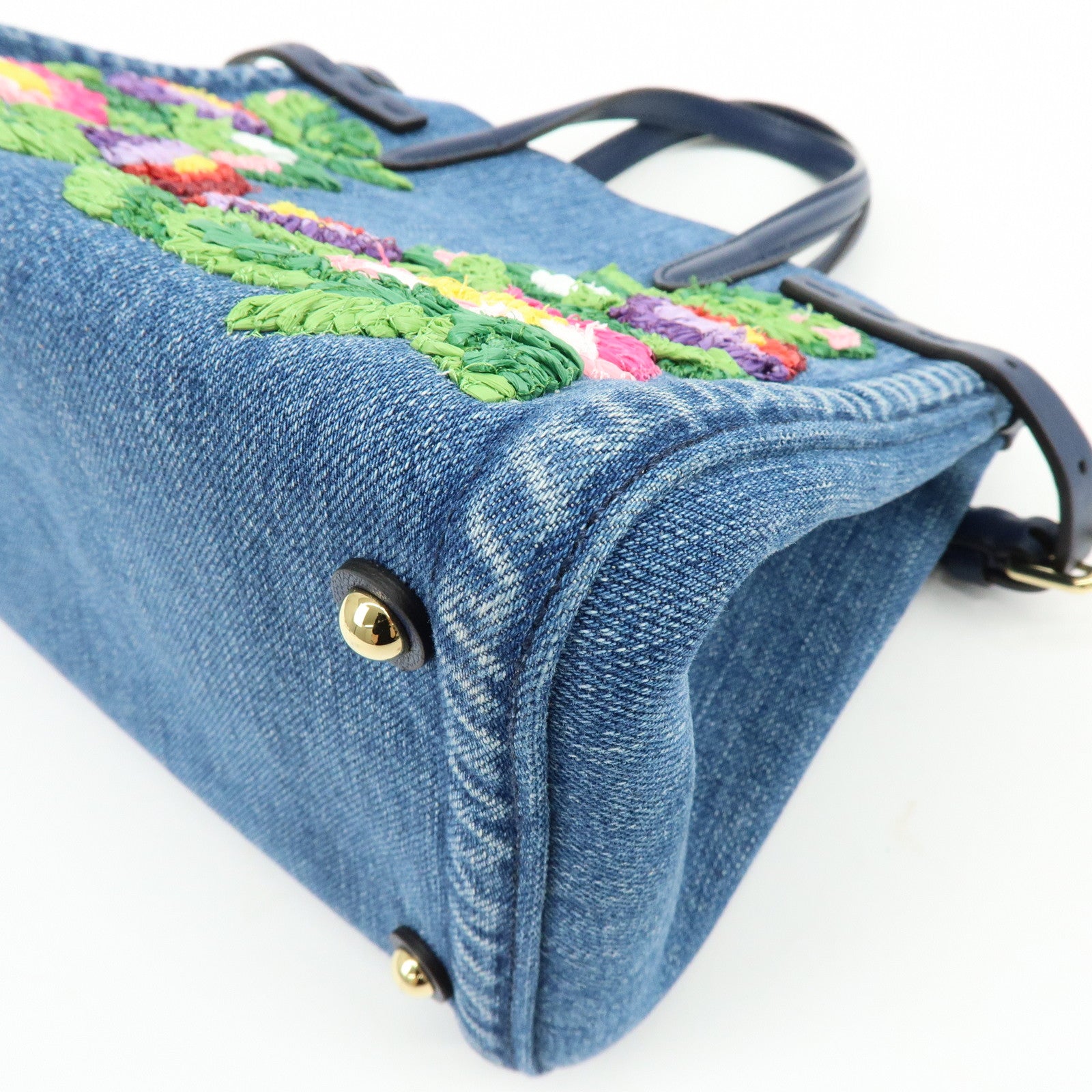 VALENTINO Denim Leather 2Way Hand Shoulder Bag Flower Embroidered