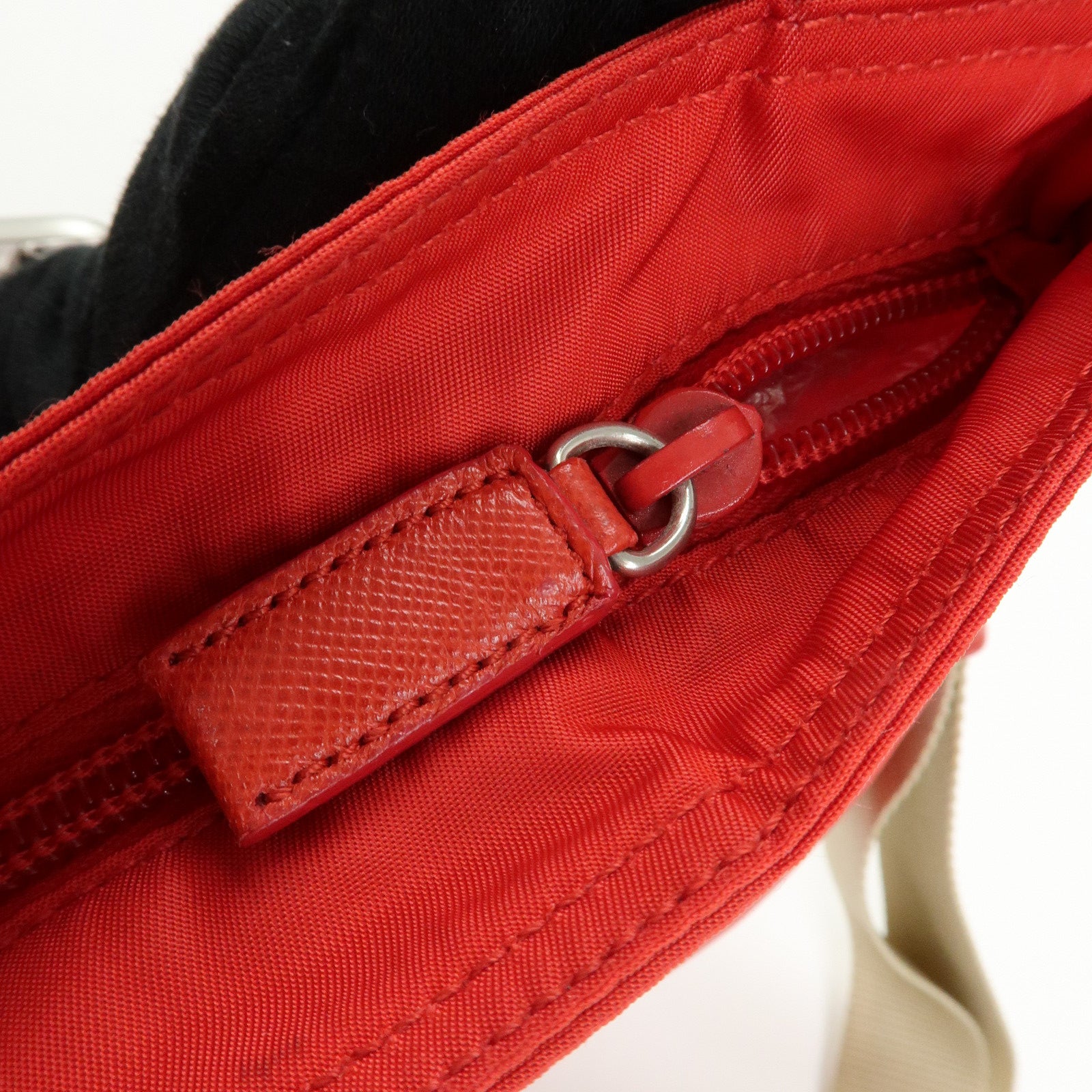 PRADA Triangle Logo Nylon Shoulder Bag Crossbody Bag Red Beige B7372