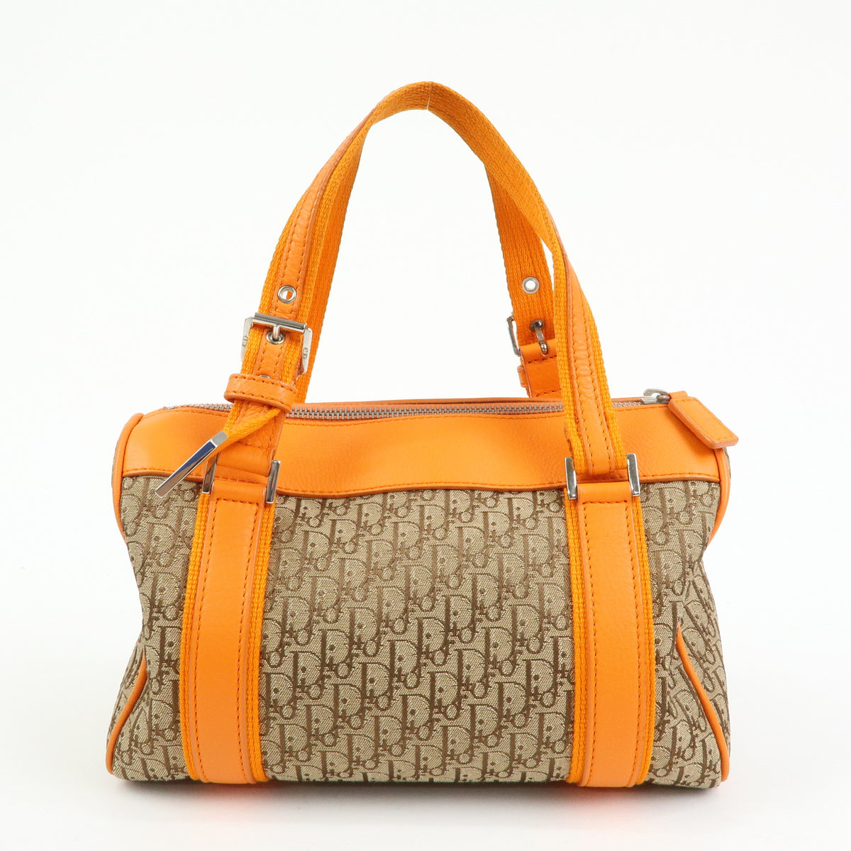 Christian Dior Trotter Jacquard Canvas Leather Hand Bag Beige Orange
