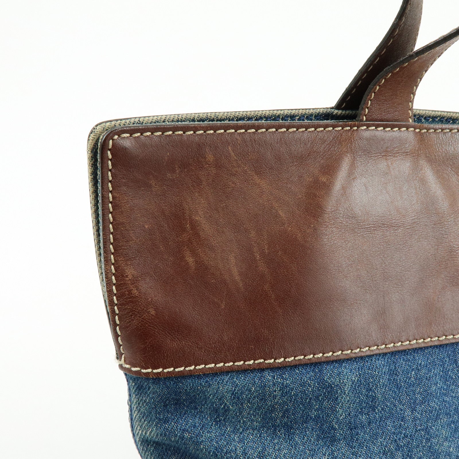 CHANEL COCO Mark Denim Leather Tote Shoulder Bag Blue Brown