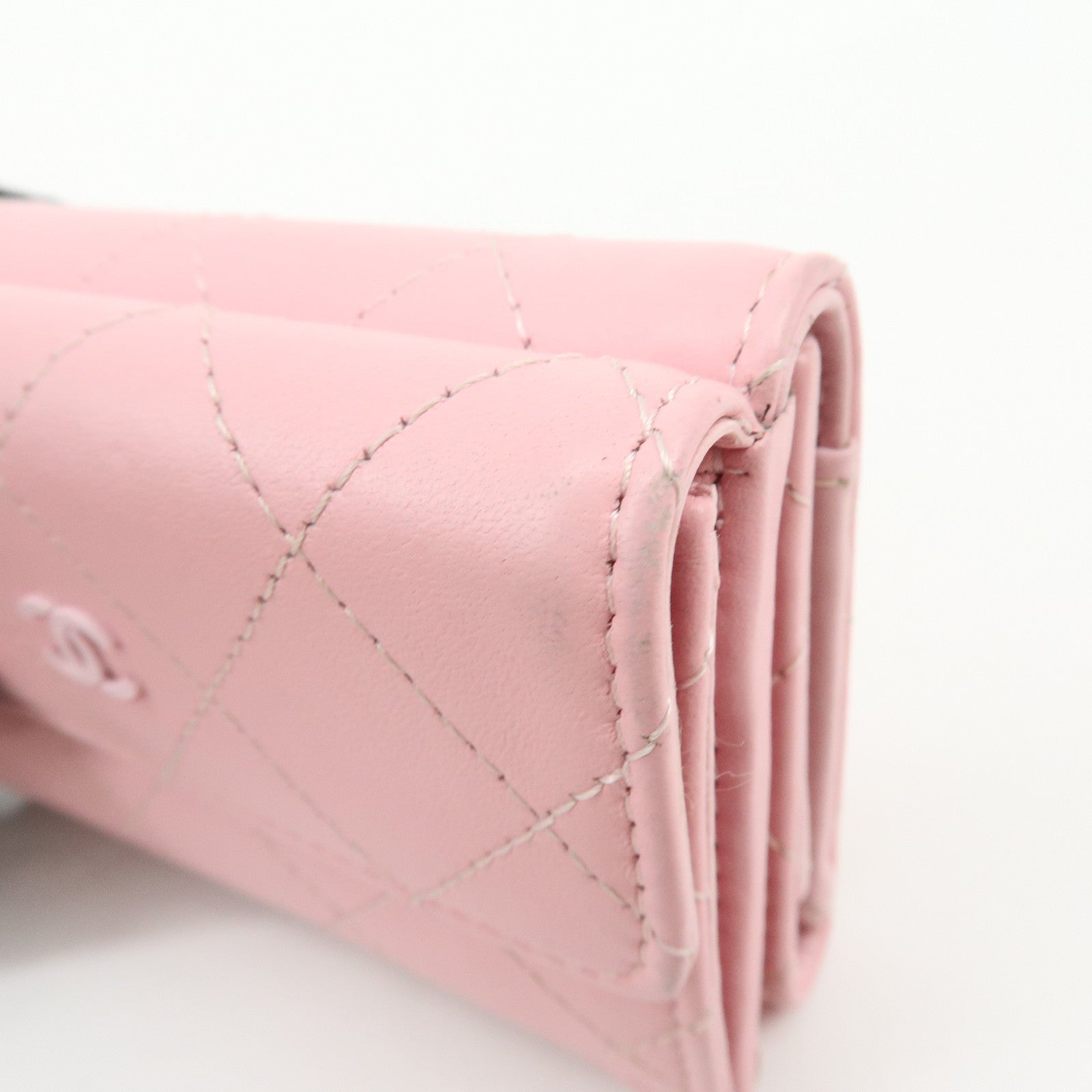 CHANEL COCO Mark Wild Stitch Calf Skin Tri-Fold Compact Wallet Pink