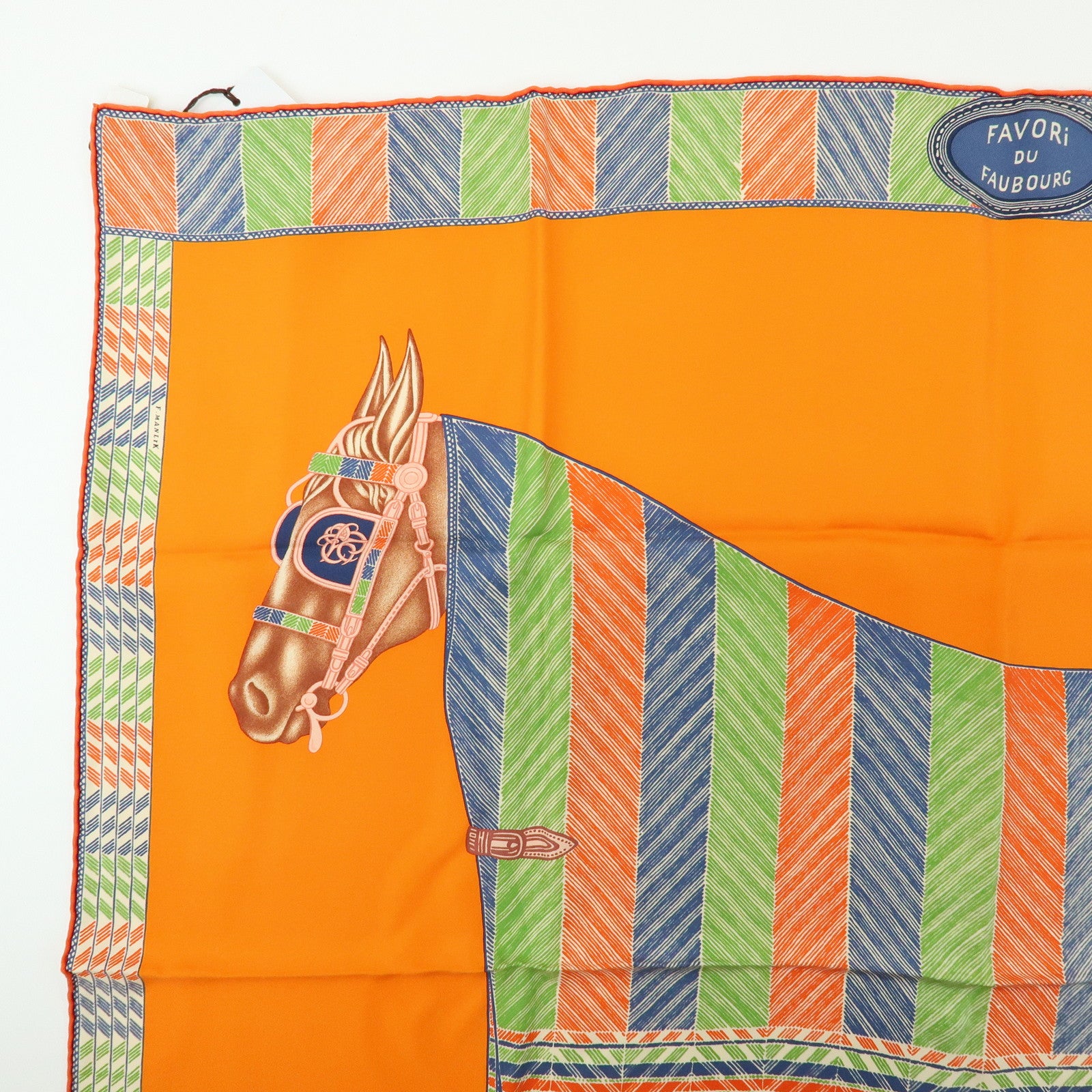 HERMES Carre 90 Silk 100% Scarf Favori du Faubourg Wash Orange Blue