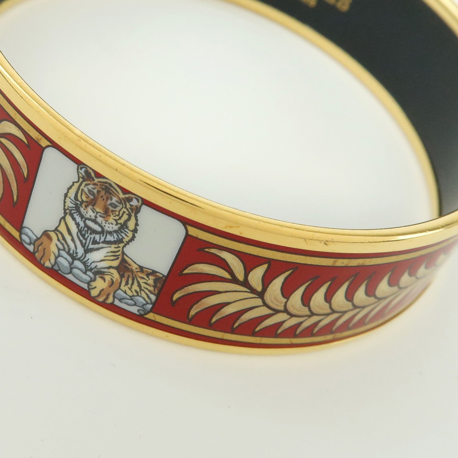 HERMES Email MM Gold Plated Bangle Bracelet Tiger Motif Red Gold