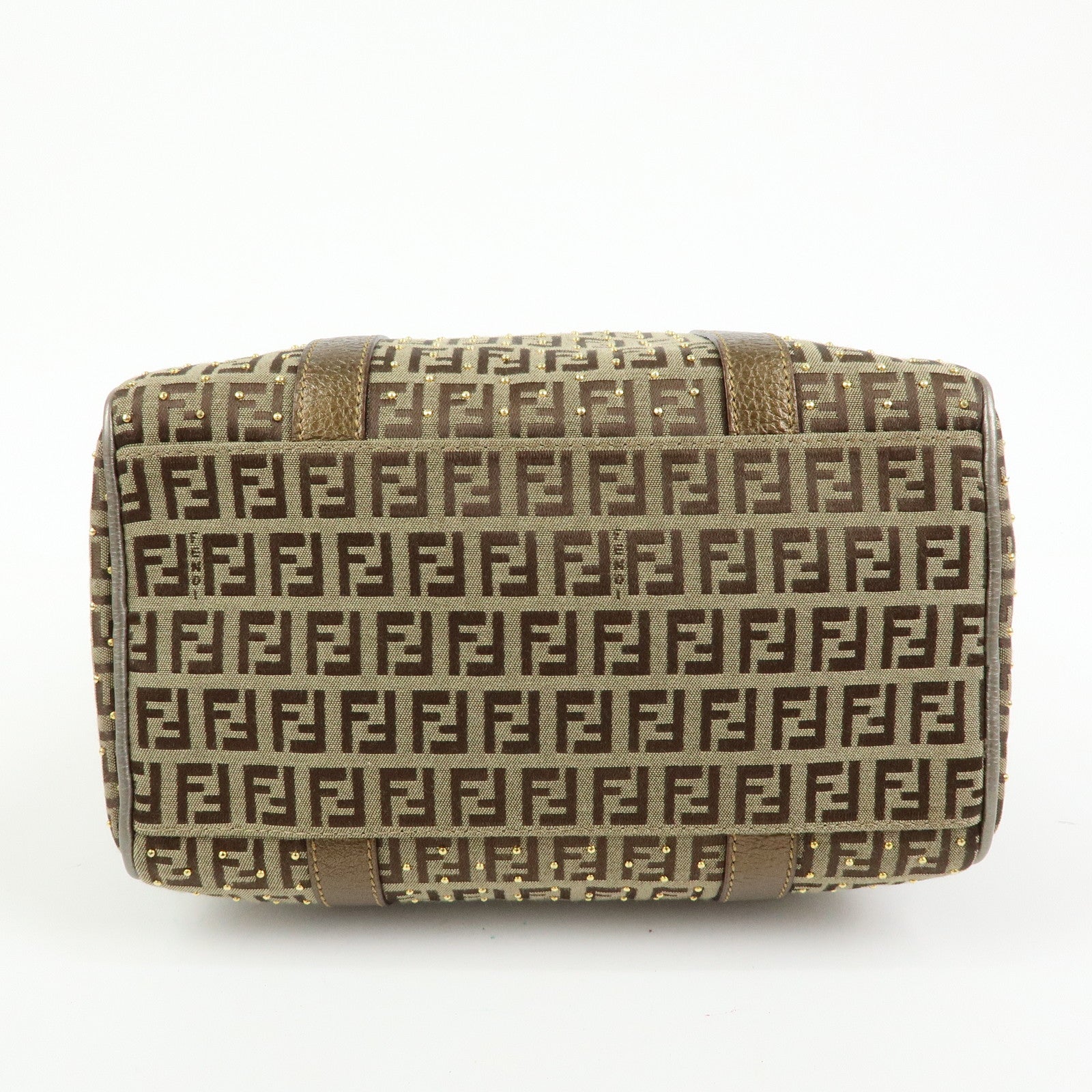 FENDI Zucchino Canvas Leather Boston Bag Hand Bag Beige Gold 8BL068