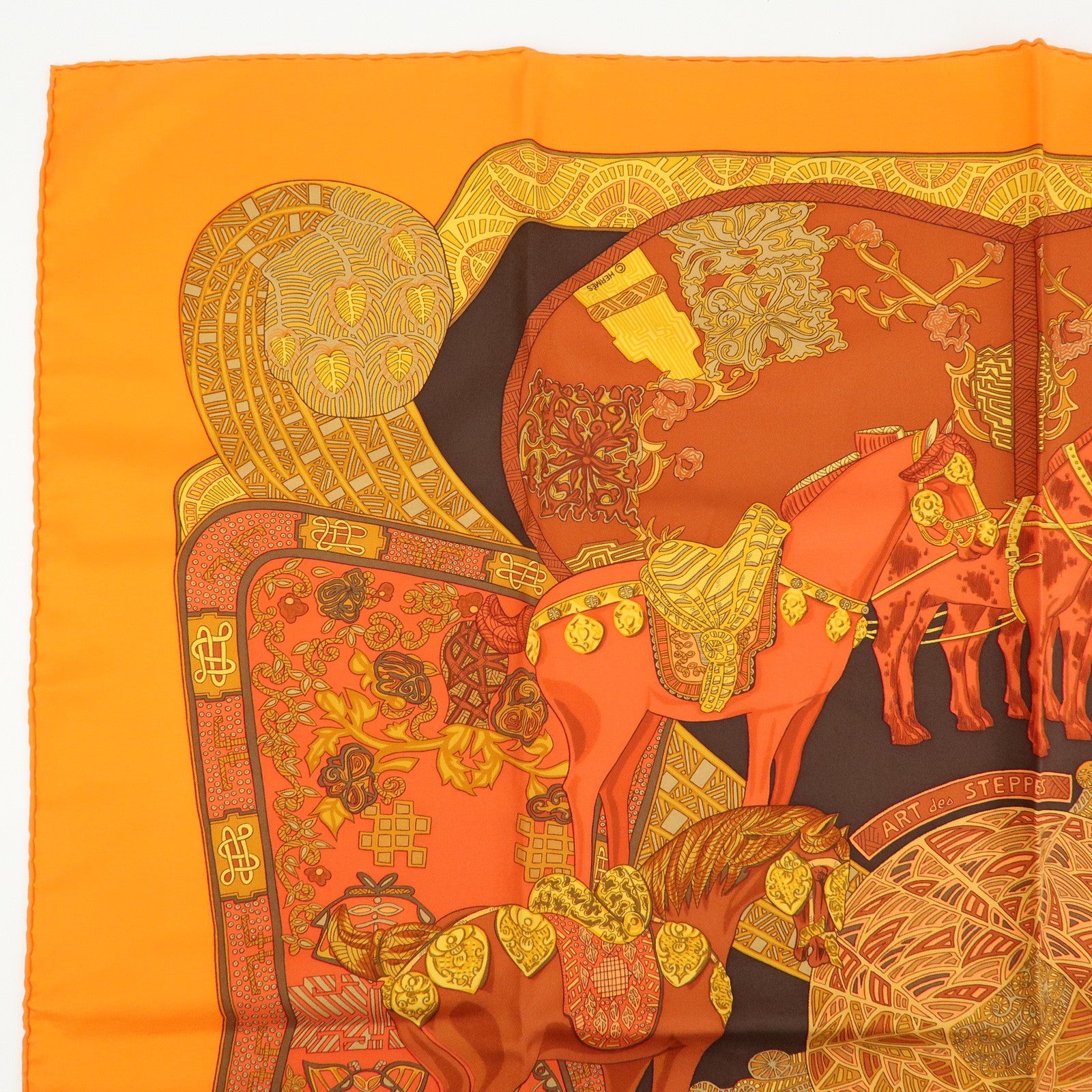 HERMES Carre 90 Silk 100% Scarf ART des STEPPES Horse Print Orange