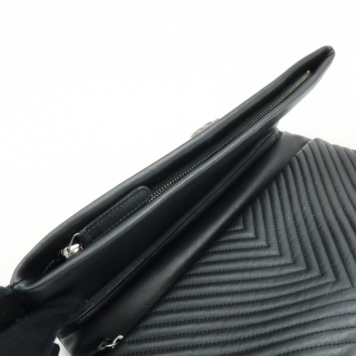 CHANEL Boy Chanel Chevron Calfskin Clutch Bag Black Silver