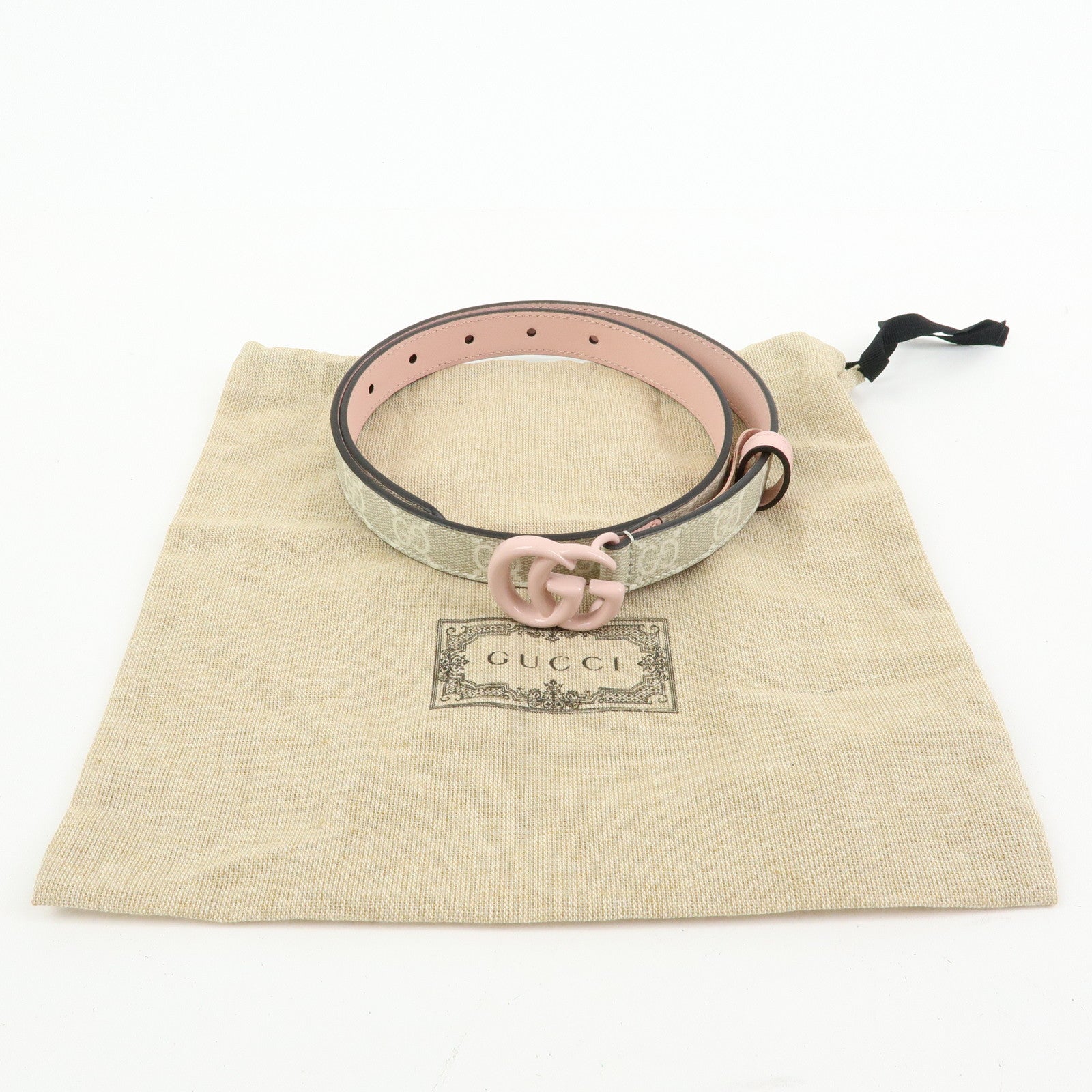 GUCCI Double G GG Spreme Leather Belt Greige White Pink 409417