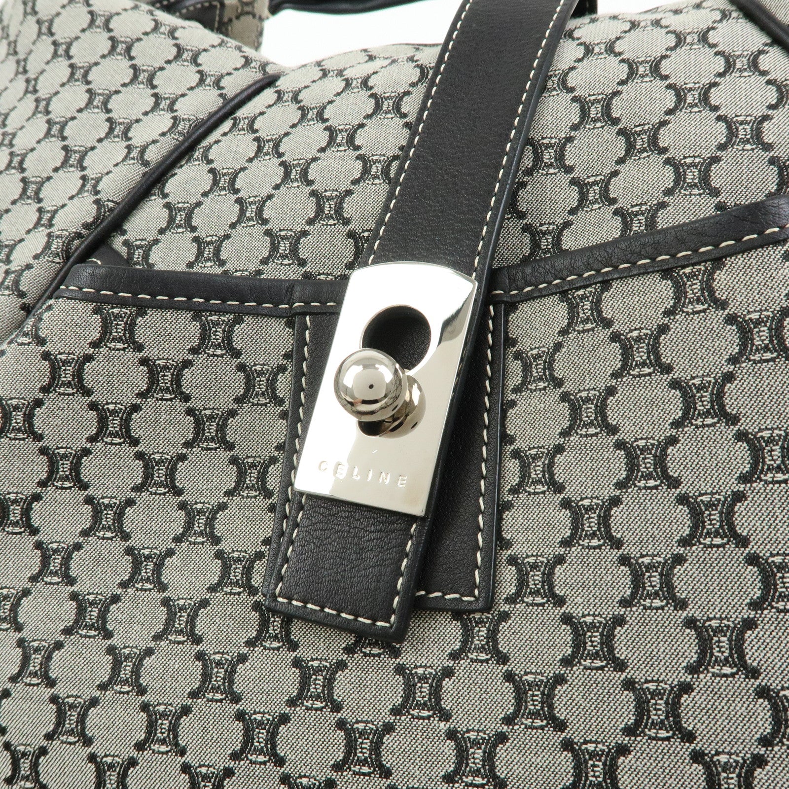 CELINE Macadam Canvas Leather Shoulder Bag Grey Black Silver