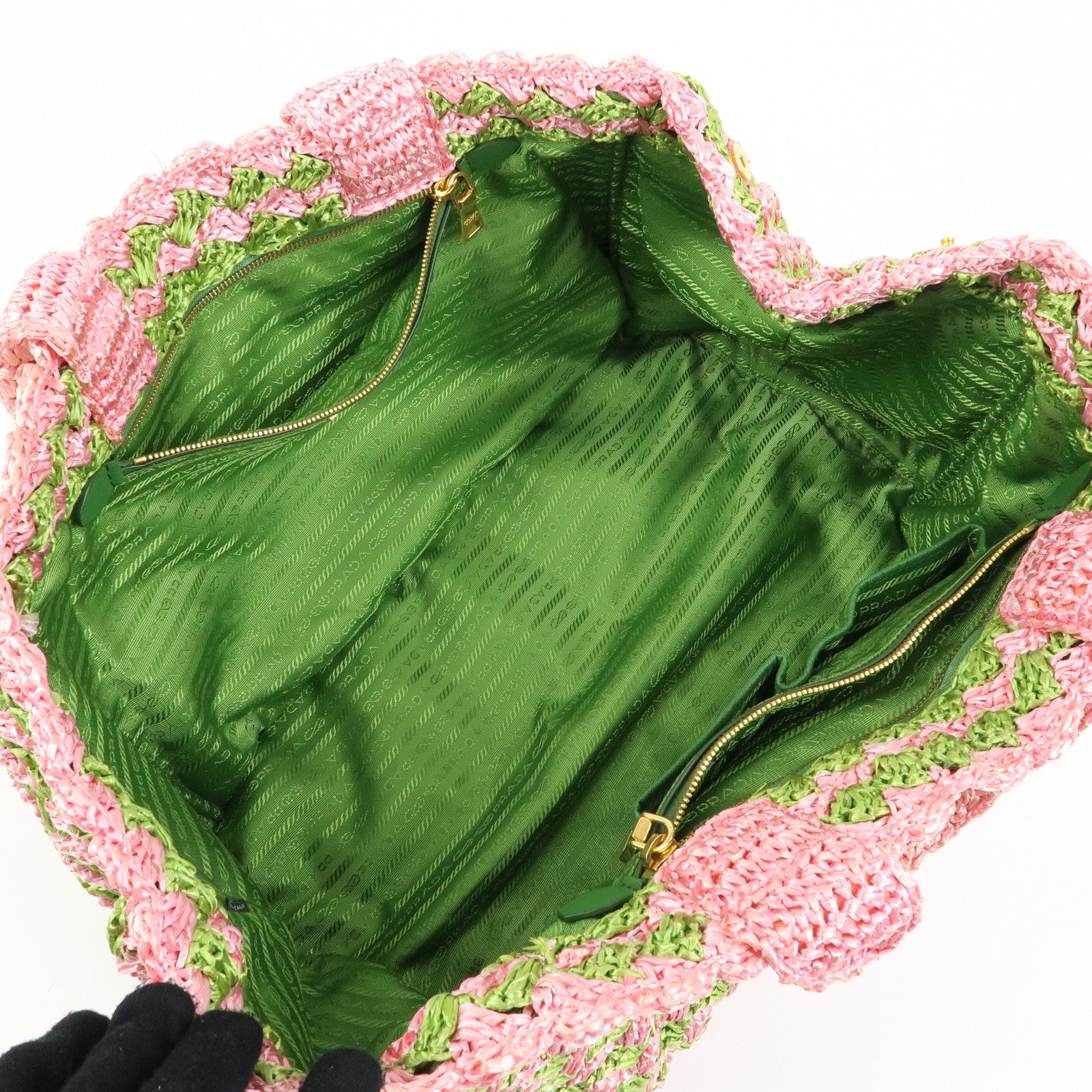 PRADA Triangle Logo Canapa Raffia Tote Bag Hand Bag Pink Green