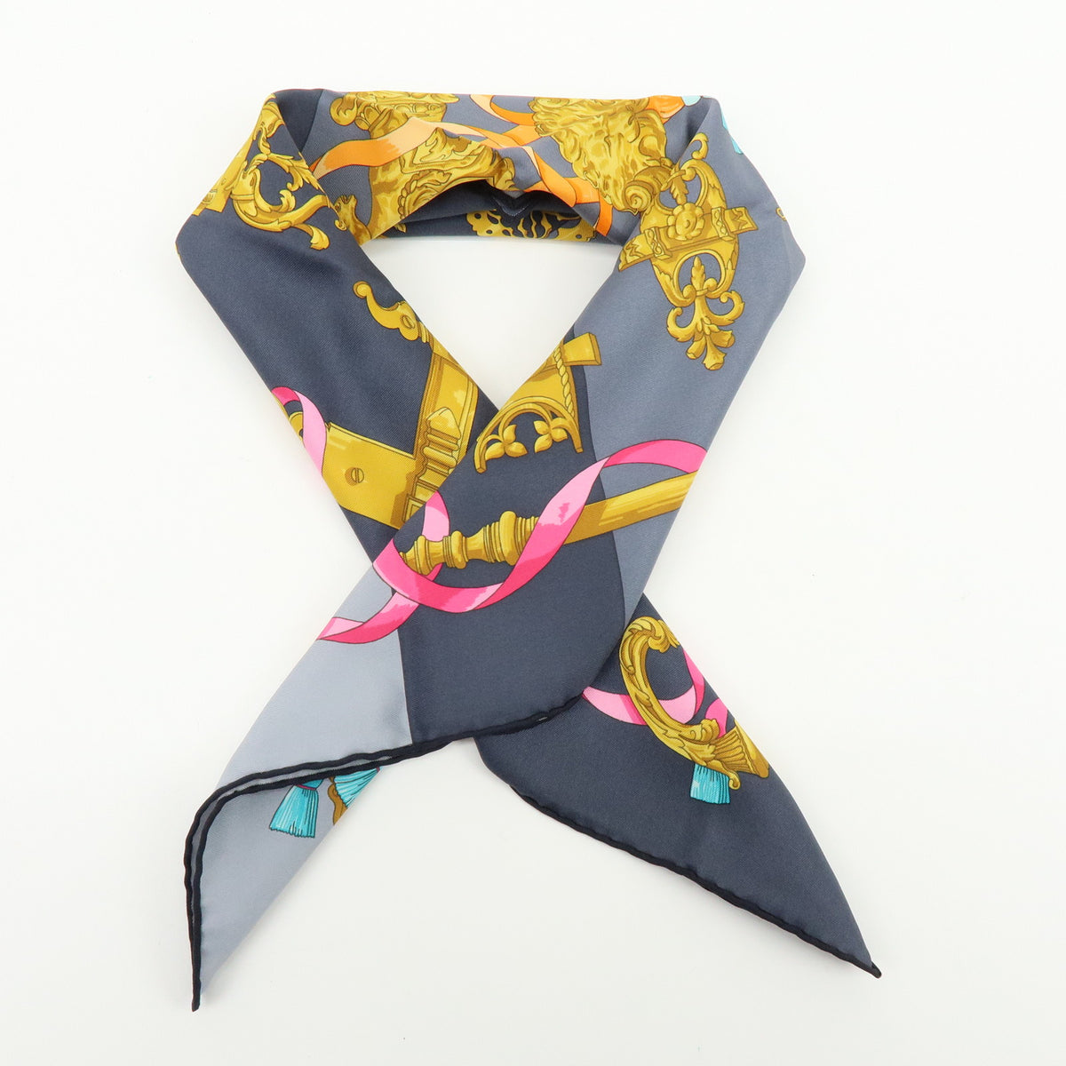 HERMES Carre 70 Silk 100% Scarf FERRONNERIE Gray Gold Pink